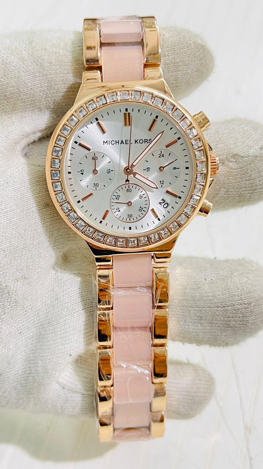 Cim Copper Pink Chain White Dial Studed Ladies Watch 989359