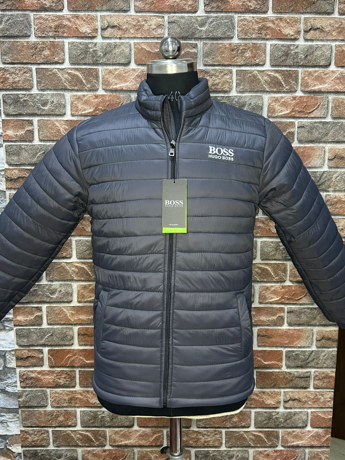 SOB Grey Colour Front Logo Embroidery Puffer Zipper Jacket 78905