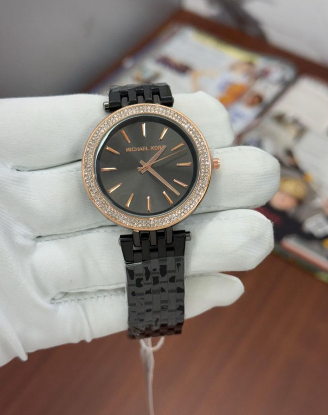 CIM Black Chain Copper Ring Black Dial Stud Ladies Watch 401408