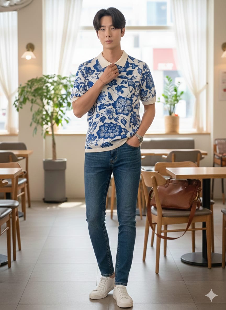 BUSA White Colour With Blue flower Premium Quality Unisex Collar T-Shirt 2108