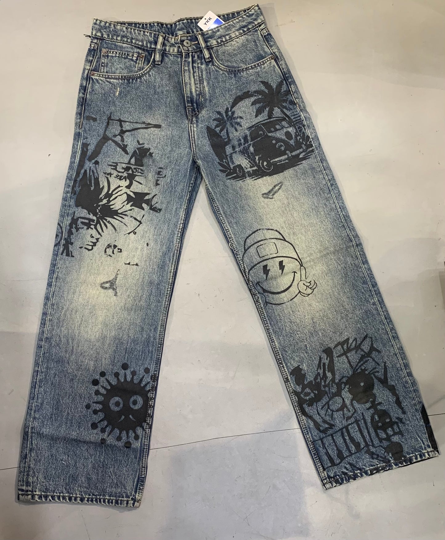 NCA ACN Faded Greenish Blue Denim With Black Print Premium Quality Straight Baggy Fit Jeans 419V