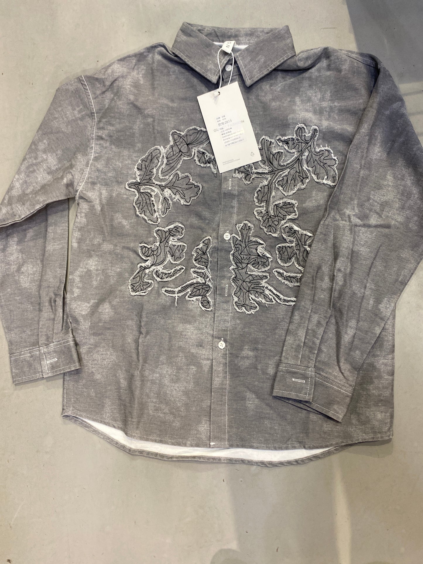 GN Grey Colour Leaf Patches Imported Unisex Denim Shirt 2613