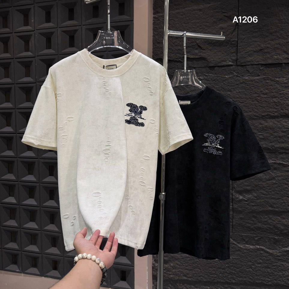LUKASHE UOL LOU Cream Colour Back Embroidered Premium Quality Imported Unisex Tshirt A1206