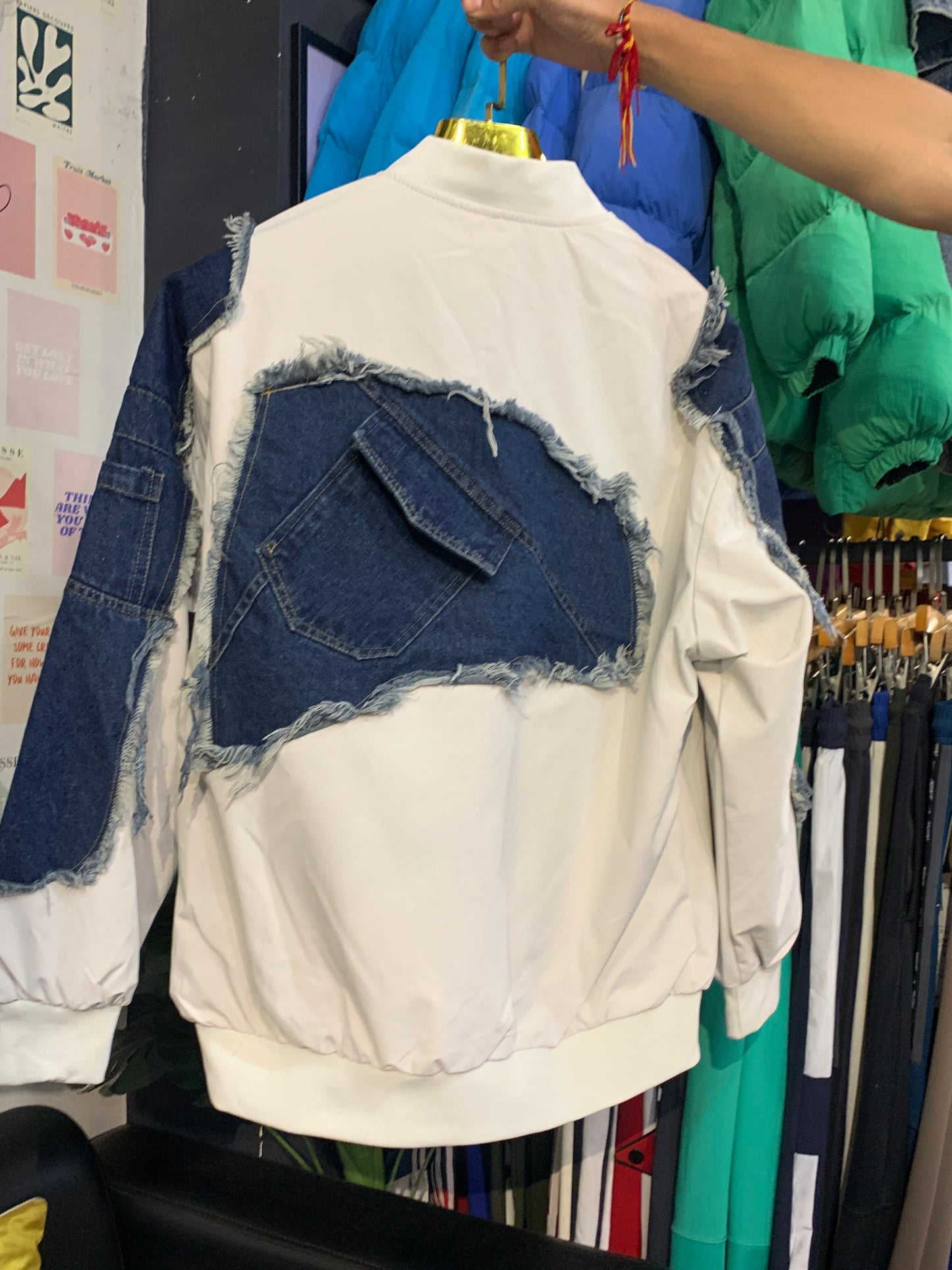 NOTE White Colour With Rugged Blue Denim Embroidery Design Premium Quality Unisex Varsity Jacket 013