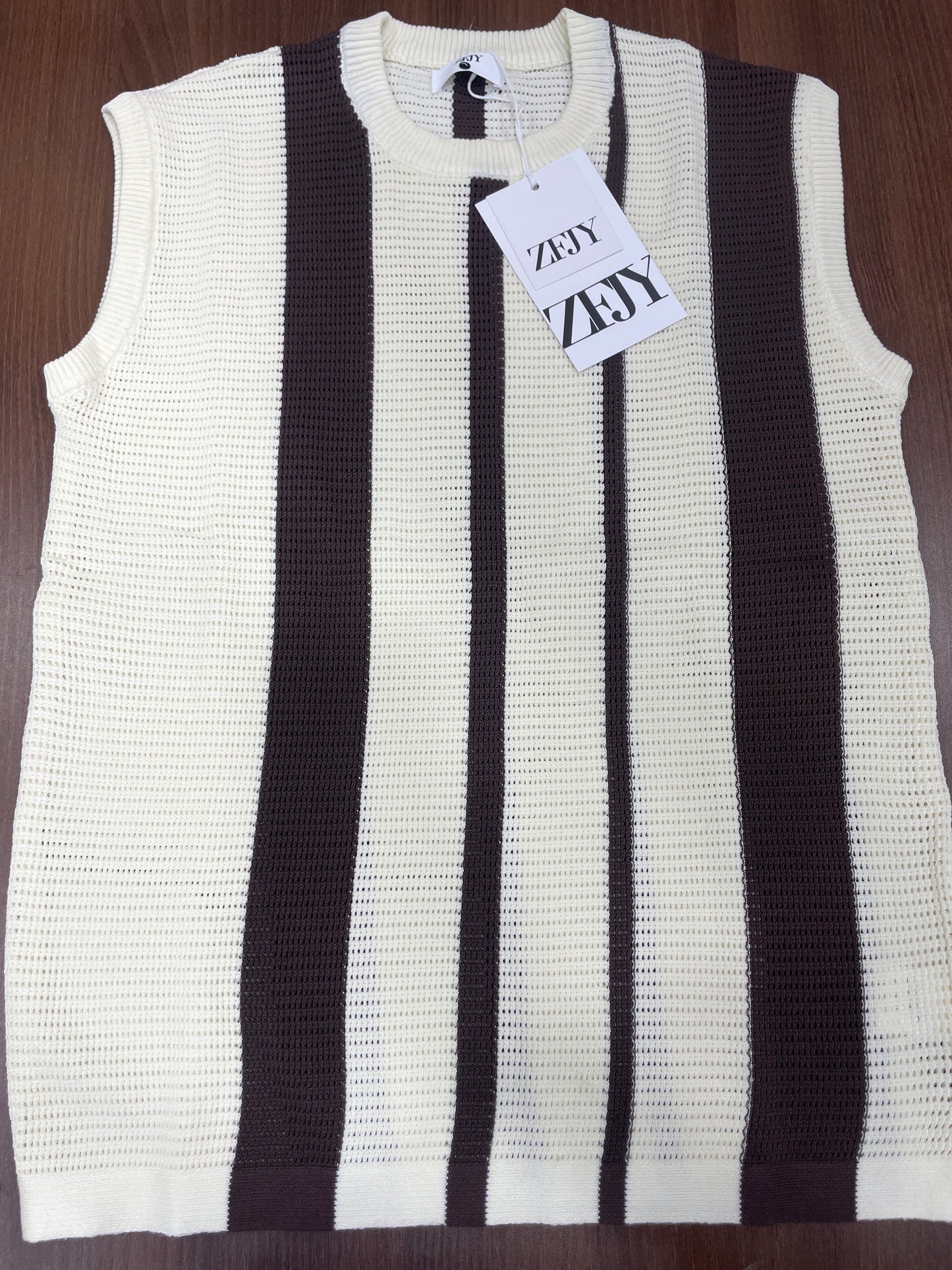 ZFJY Cream Colour Brown Lining Knitted Premium Quality Round Neck Tank Top 6865