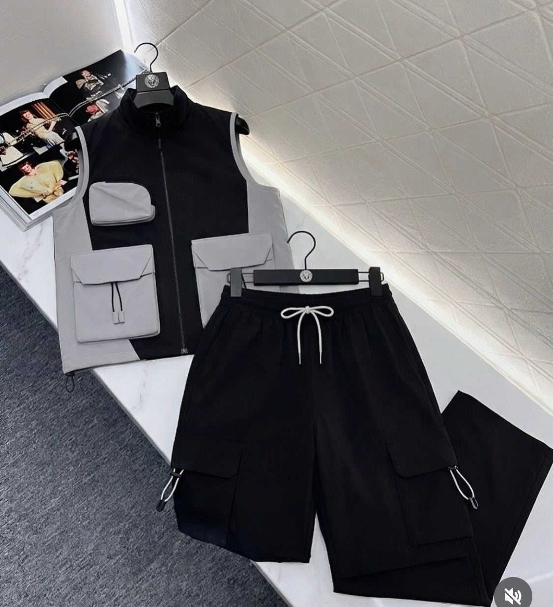 Manmo Grey Black Colour Sleeve Less Jacket with Lower Premium Quality Imported Unisex Coord Set 6018