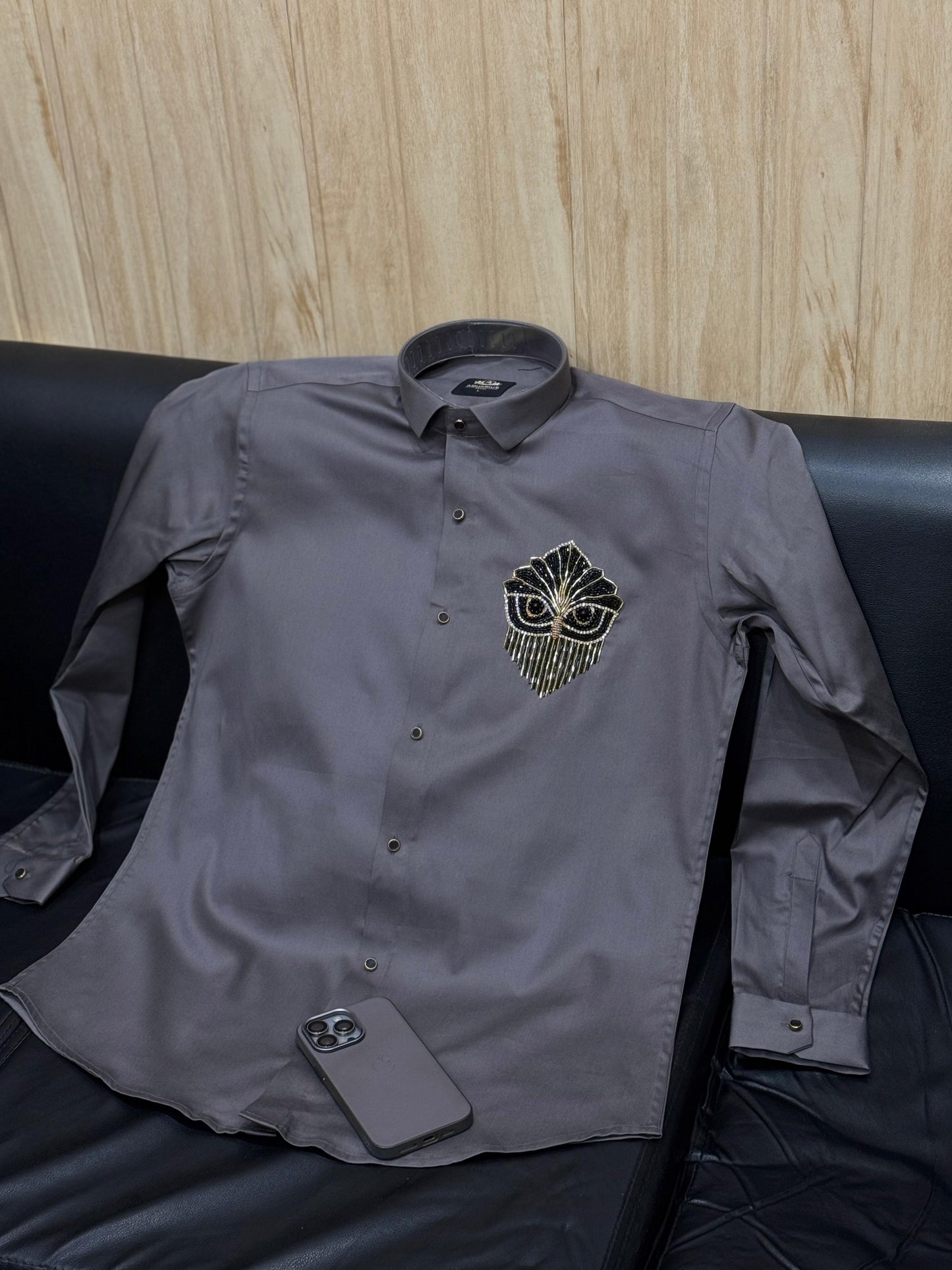 AQUARIUS Grey Colour Owl Black Gold Stud Design Premium Quality Full sleeve Shirt 2510