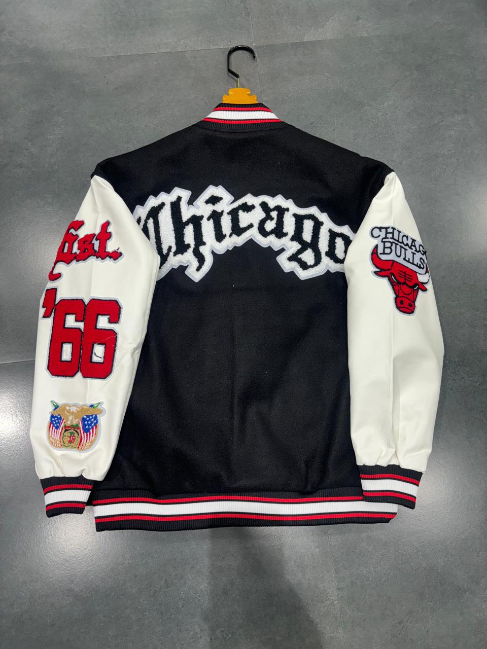 Bulls Black Colour With Front Back Patch Work Premium Quality Varsity Jacket 668025