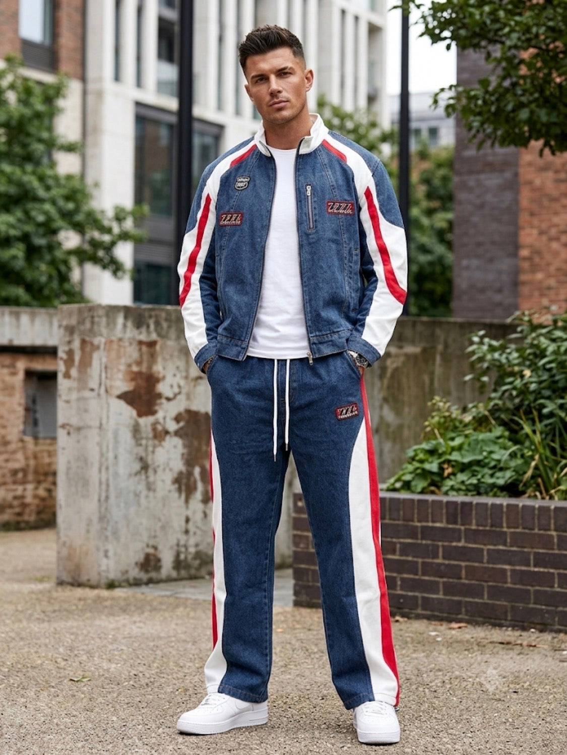 JMX Denim White Red Colour Manrton Print Jacket And Denim Cargo Imported Unisex Coord Set 991081