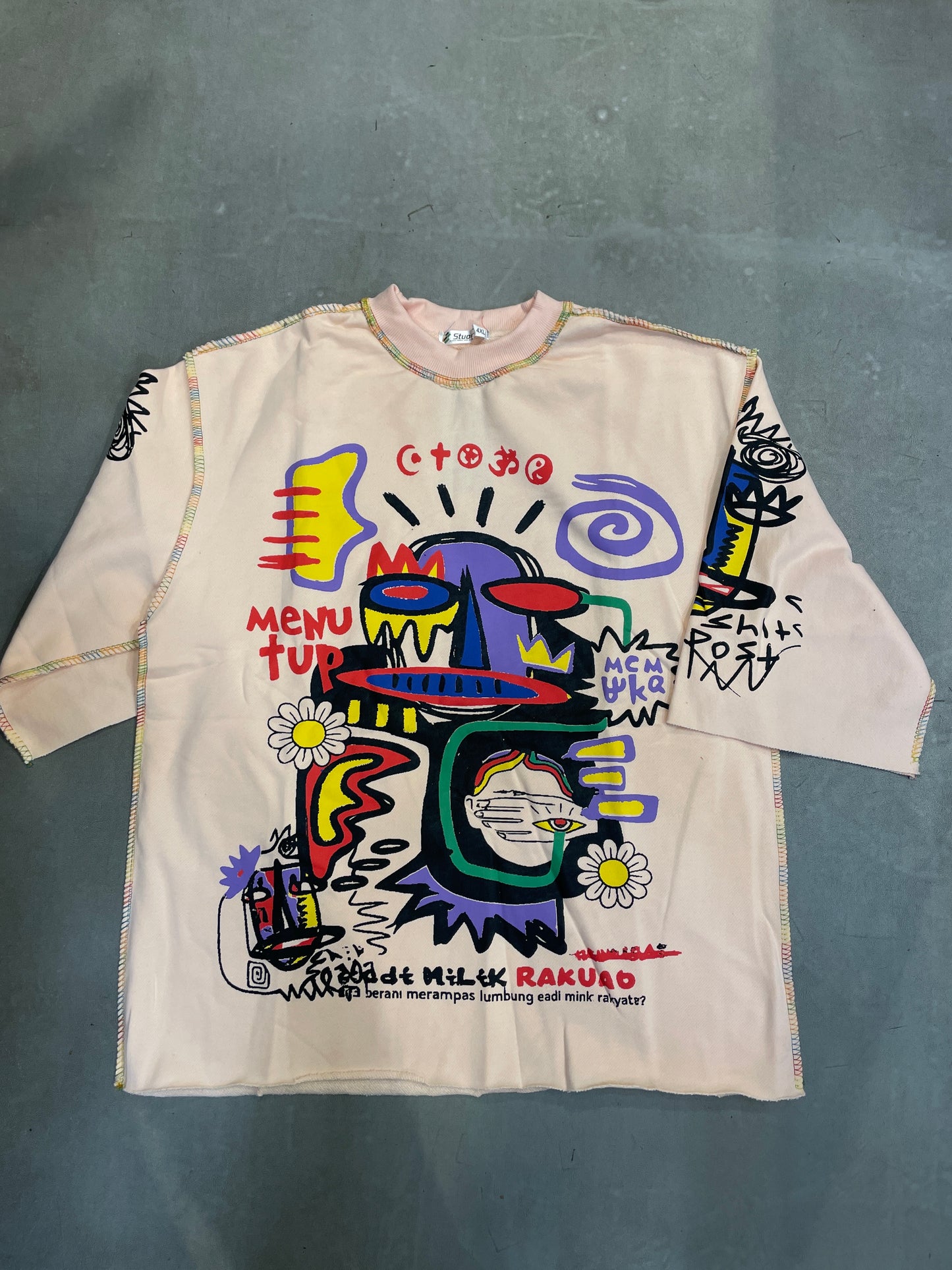 STUONER Pink Colour Menu Tup Multi Colour Cartoon Print Imported Oversized Unisex T Shirt 990859