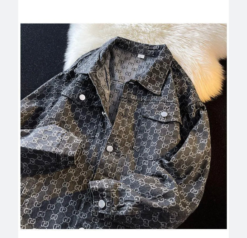 CUG GUC Grey Black Faded Colour With GG Print Full Sleeve Shacket Shirt 989550