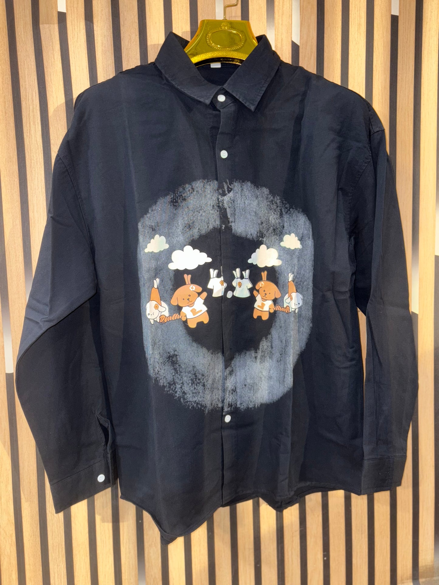 G.N Black White Colour Puppy Teddy Print Oversized Men’s Shirt 9052