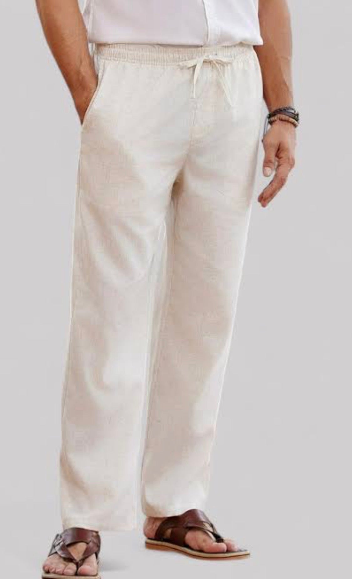 H&M Cream Colour Regular Fit Premium Quality Unisex Linen Pant 990477