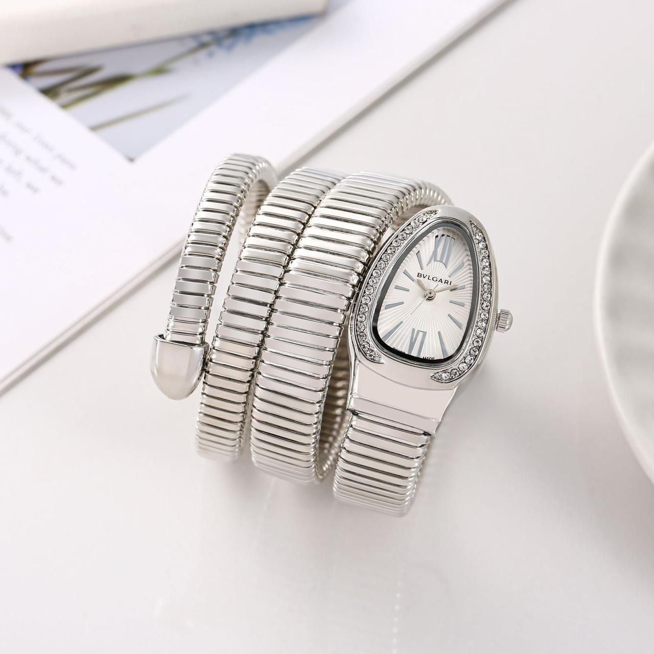 LVB Silver Snake Chain Ladies Stud White Dial Watch 989349