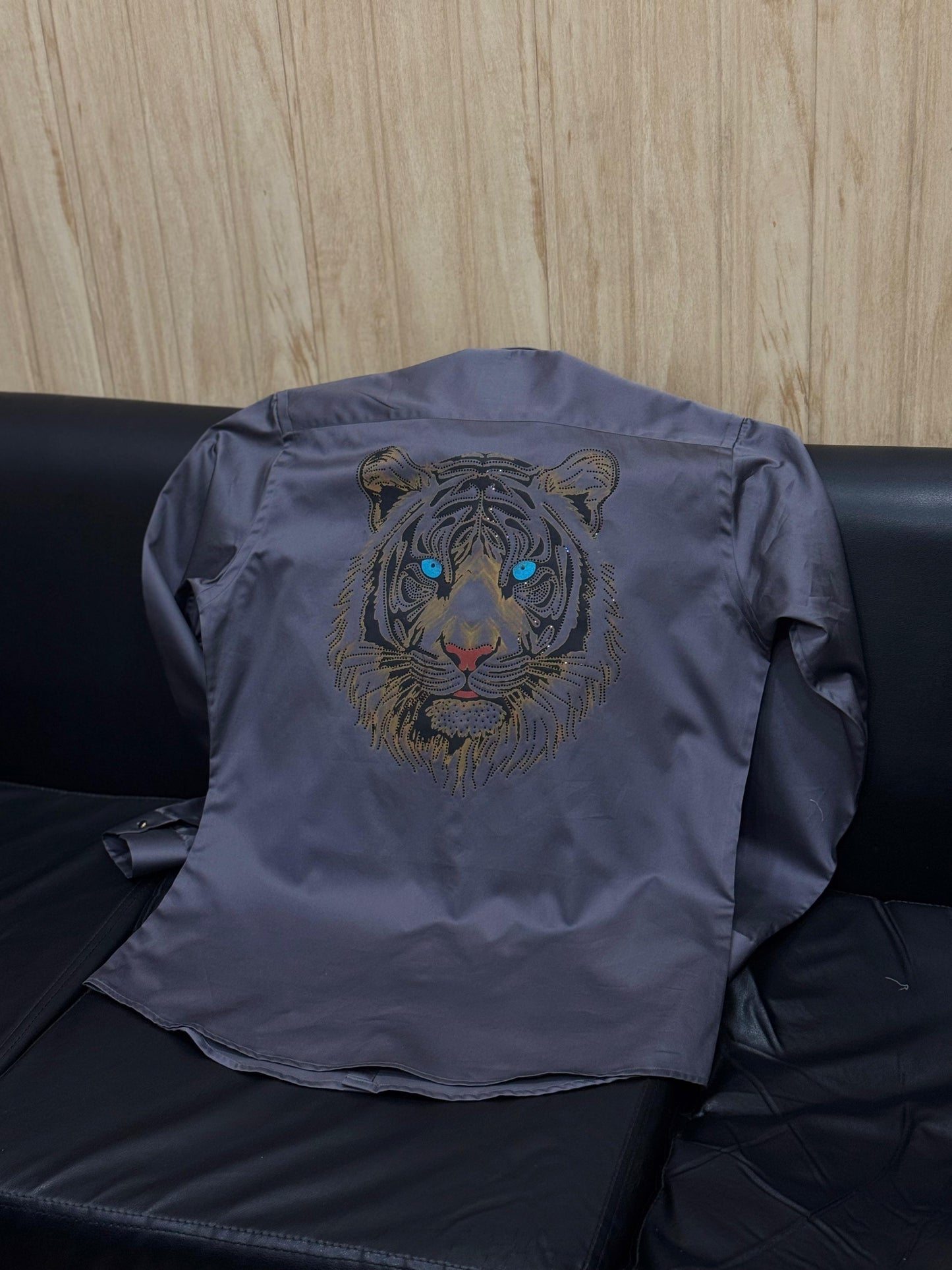 AQUARIUS Grey Colour Tiger Black Gold Stud Design Premium Quality Full sleeve Shirt 2507