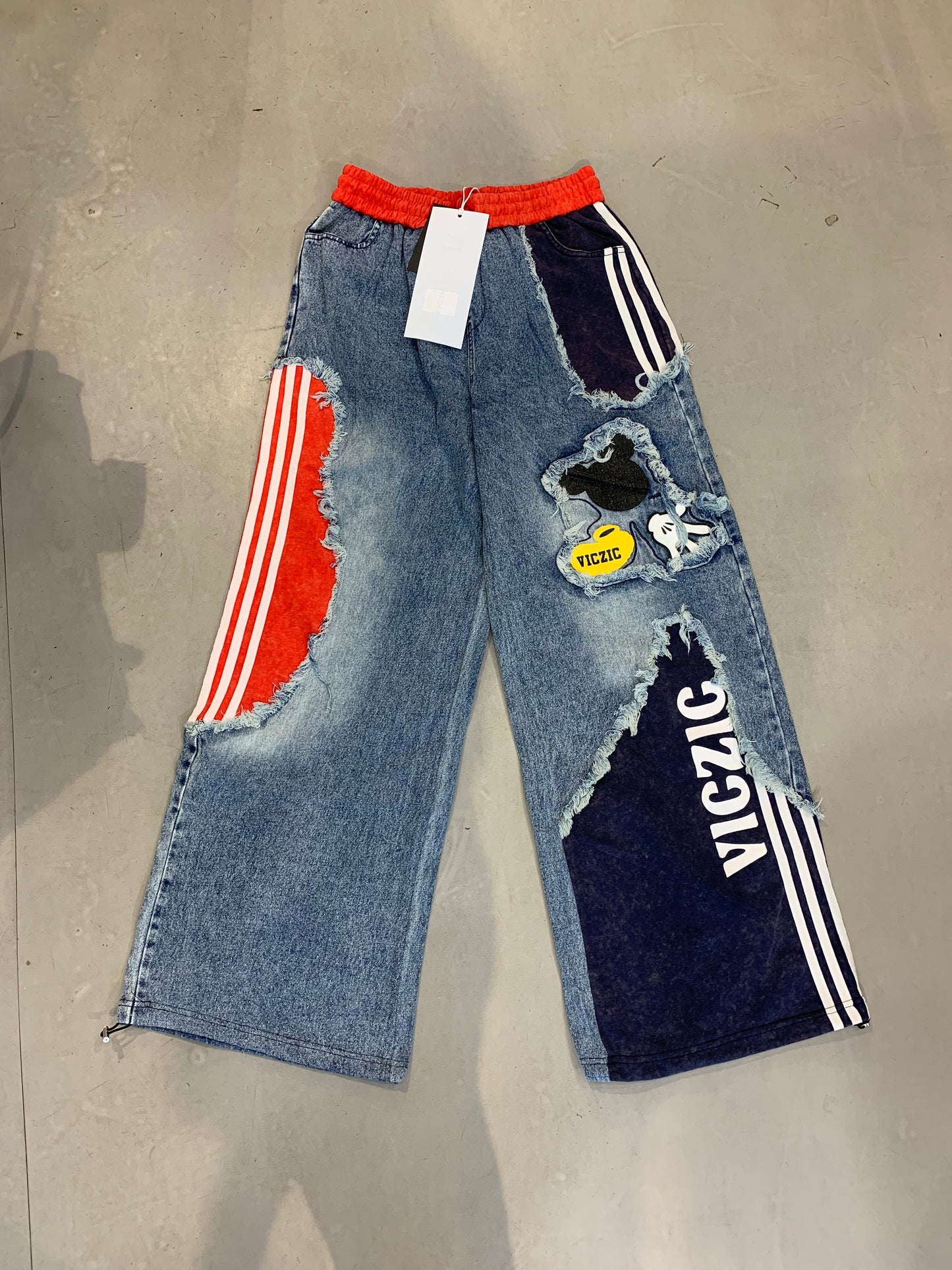 A.F VICZIC Blue Denim With Red Blue Patch White Stripe Imported Baggy Fit Jogger Jeans 36755