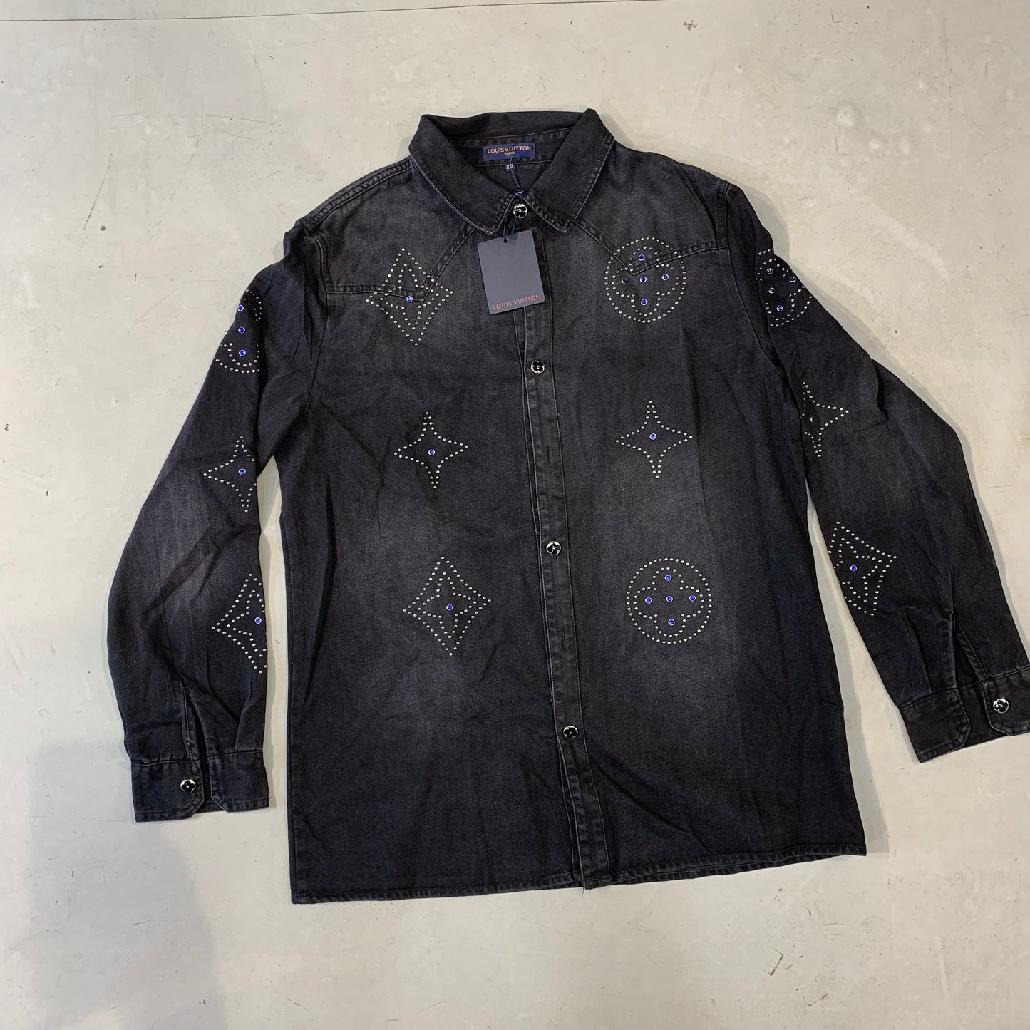 UOL LOU Faded Blue Denim Imported Premium Quality stud Style Men Shirt 990025