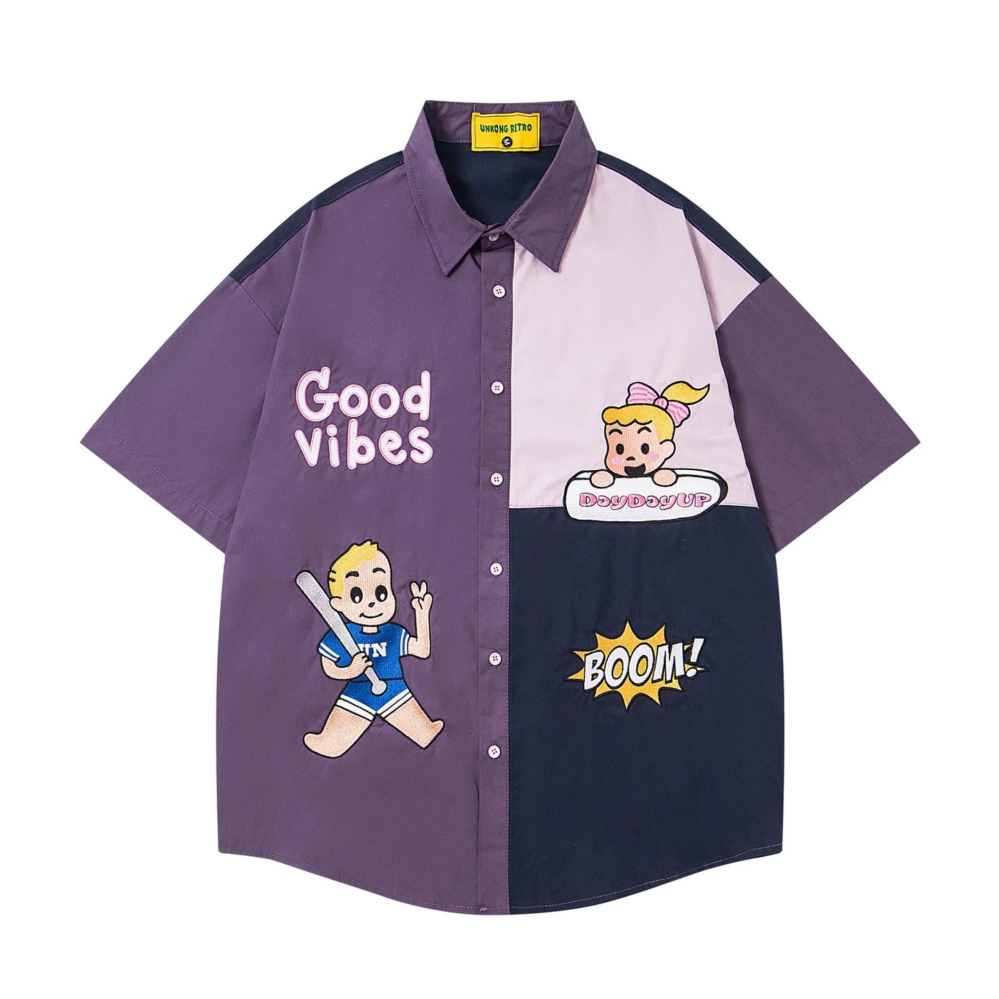 UNKONG RETRO Purple Navy Blue Colour Good Vibes Cartoon Print Half Sleeve Imported Oversized Unisex Shirt 2614