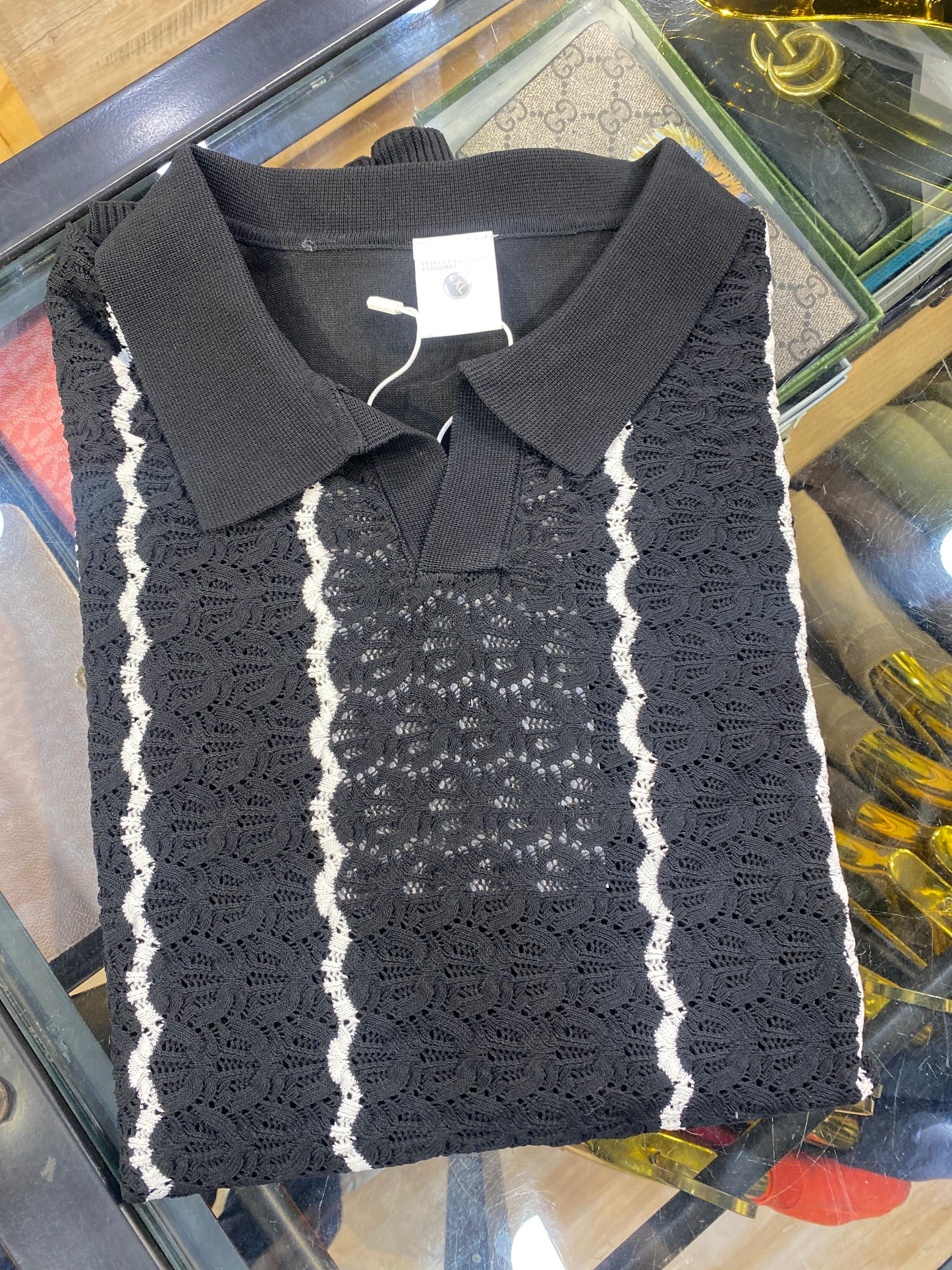PERFECT FUSION Black White Colour With knitted Designs Premium Quality Collar Tshirt H9603