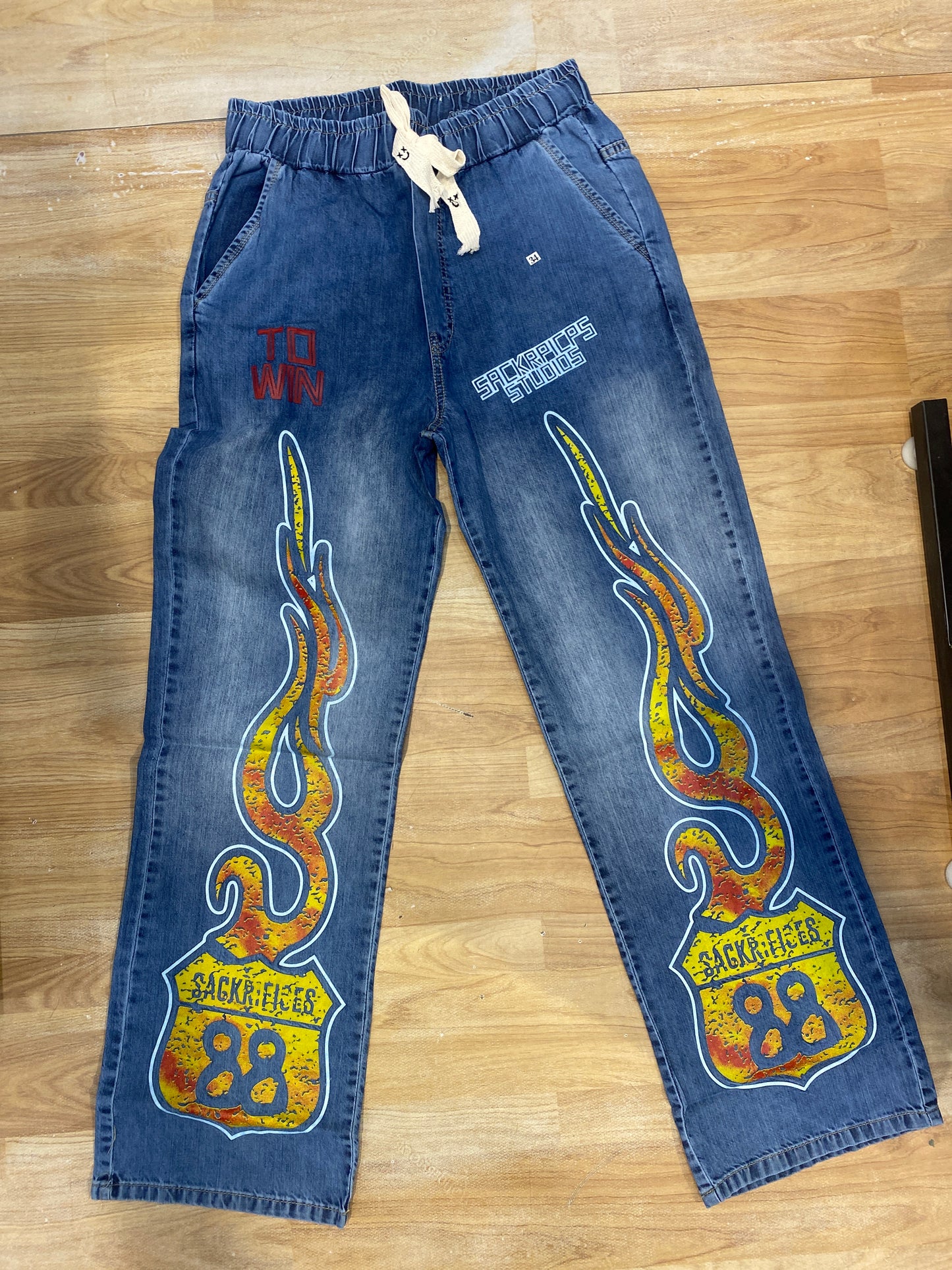 Import Jeans Blue Colour Straight Fit Fire Print H9004