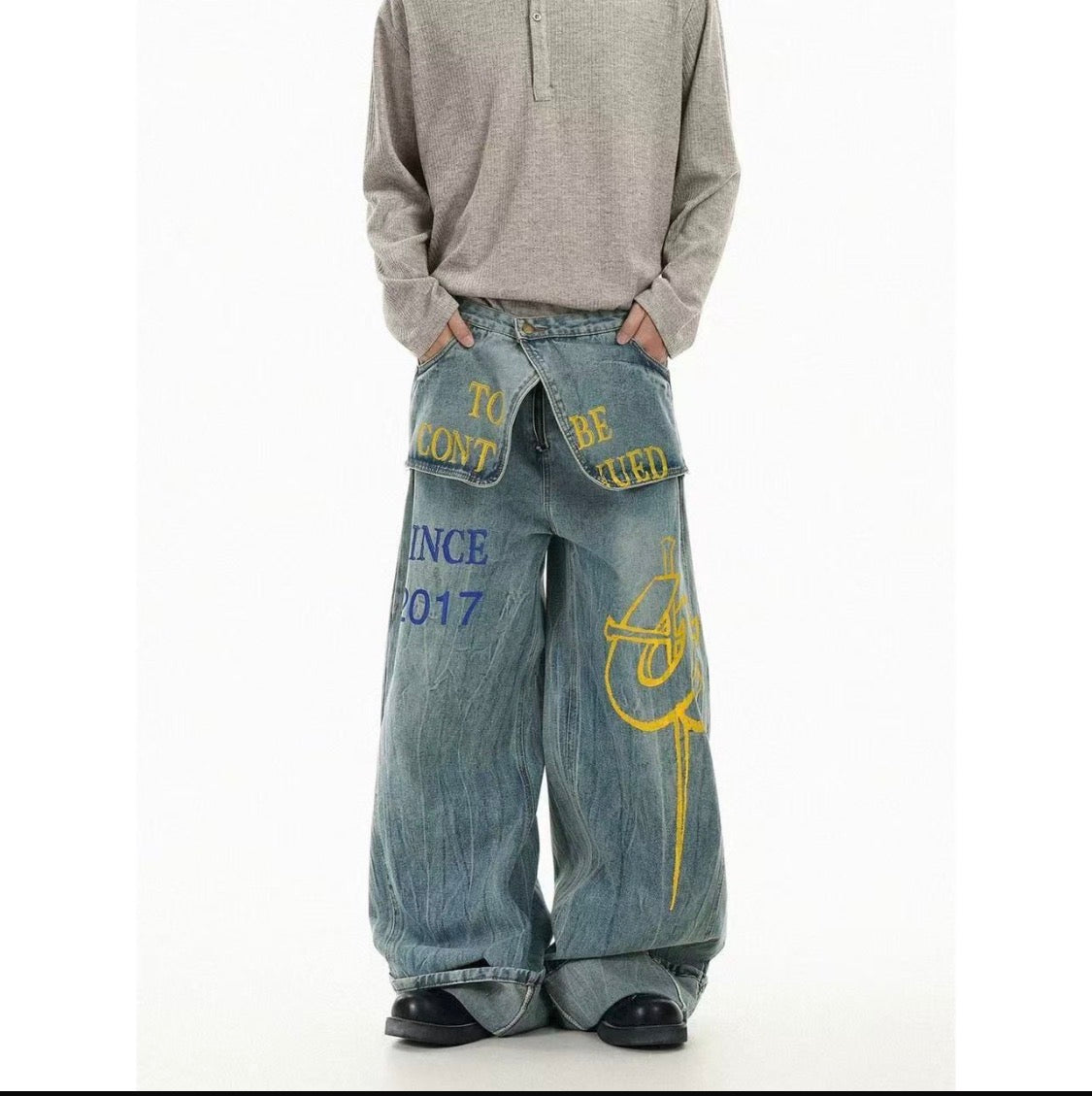 Yilufa Faded Blue Colour Be Nued Print Panted Baggy Fit Unisex Imported Denim jeans H10