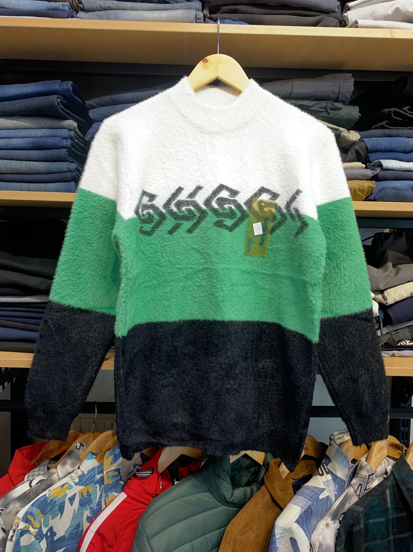 White Green Black Colour with Print Speckled Pullover with Ribbed Hems Sweater 12580