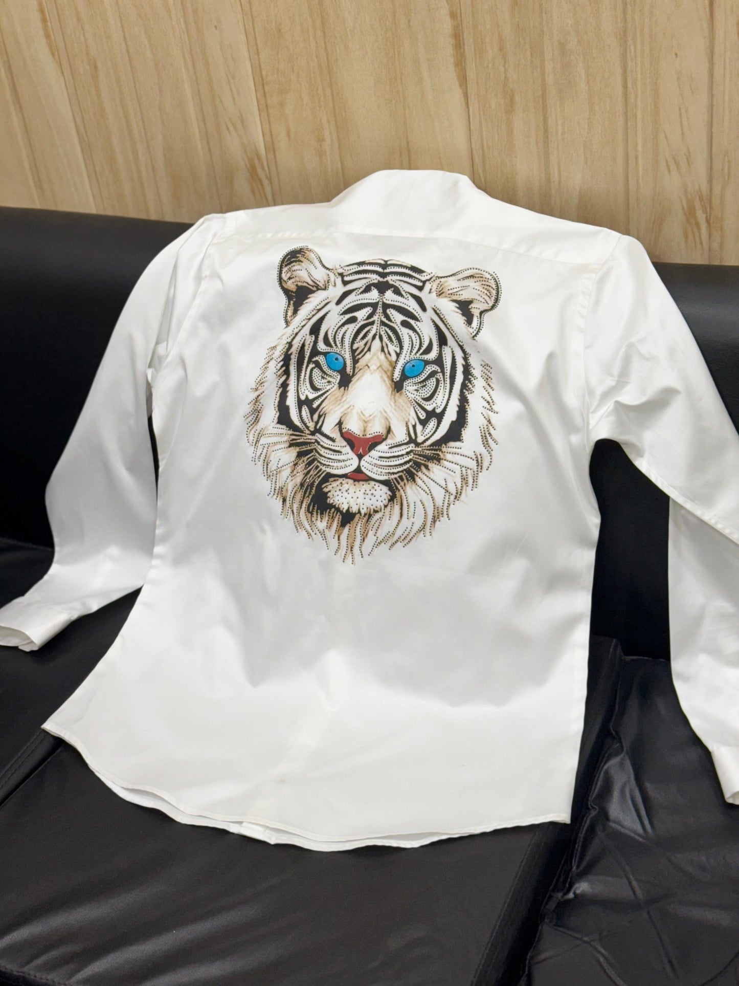 AQUARIUS White Colour Tiger Black Gold Stud Blue Eye Design Premium Quality Full sleeve Shirt 2507