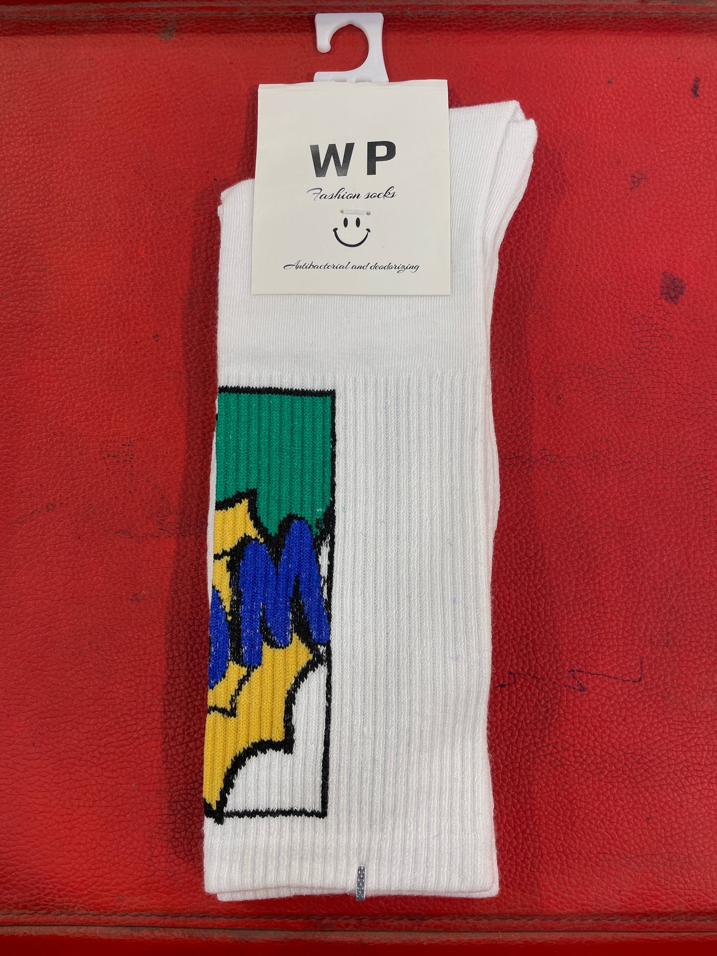 WP White Colour With Green Blue Print Premium Quality Full Socks 990063