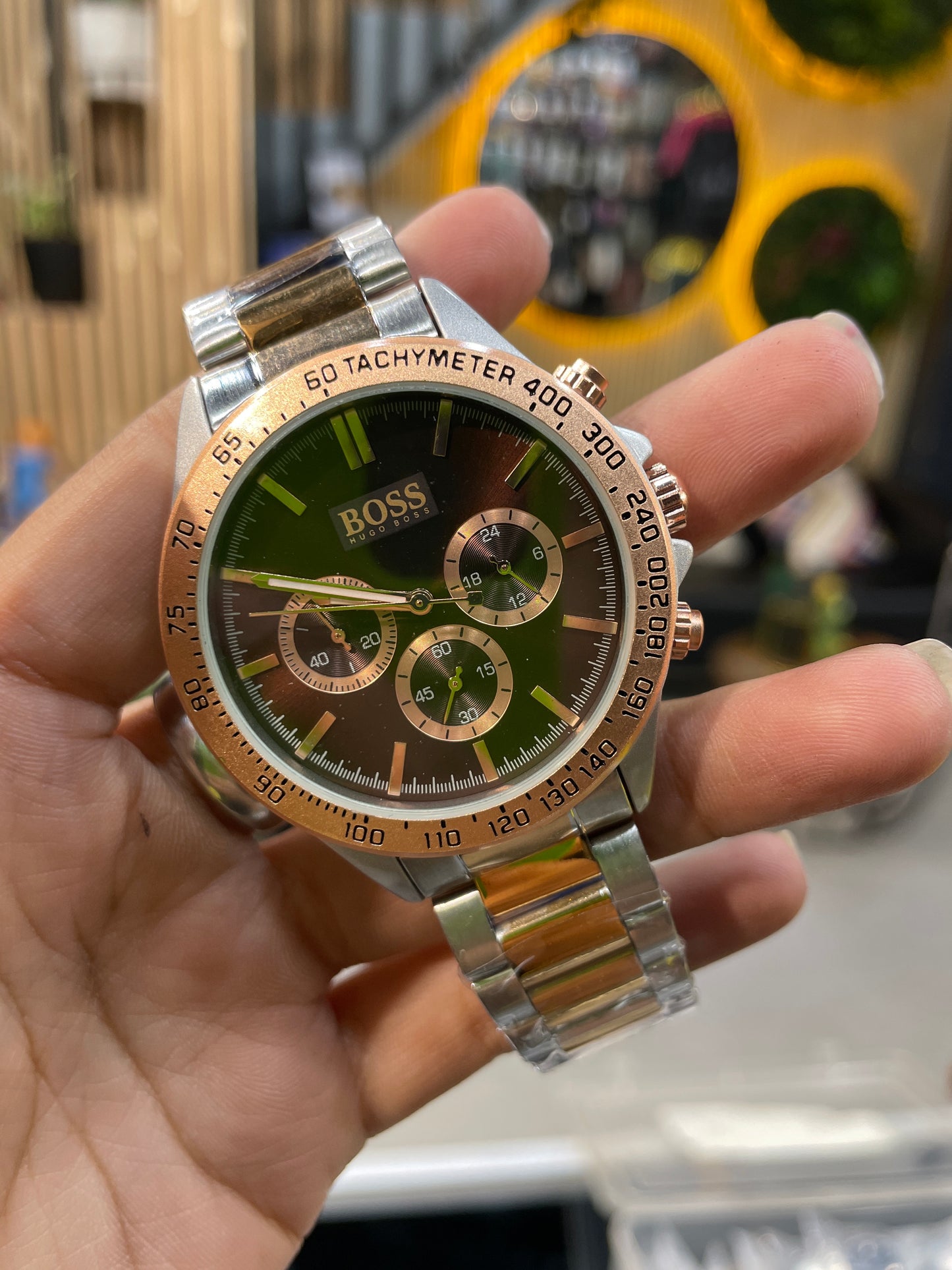 SOB BOS Brown Dial Silver Gold Chain All Chrono Working Men’s Watch 990653