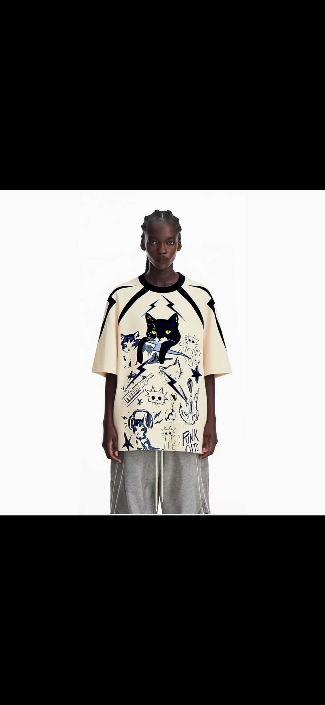 M Four Cream Colour Front Cat Print Baggy Look T-Shirt 26ss-019