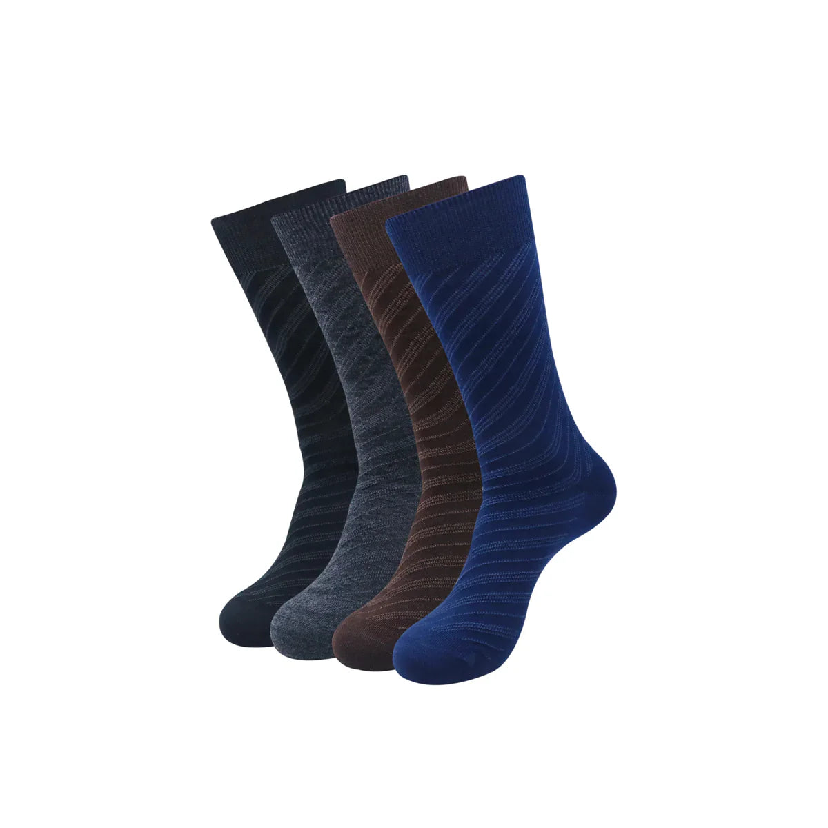 BALENZIA MEN'S WOOLLEN DIAGONAL STRIPES DESIGN CREW SOCKS - BLACK, NAVY, D.GREY,BROWN- (PACK OF 4 PAIRS/1U)