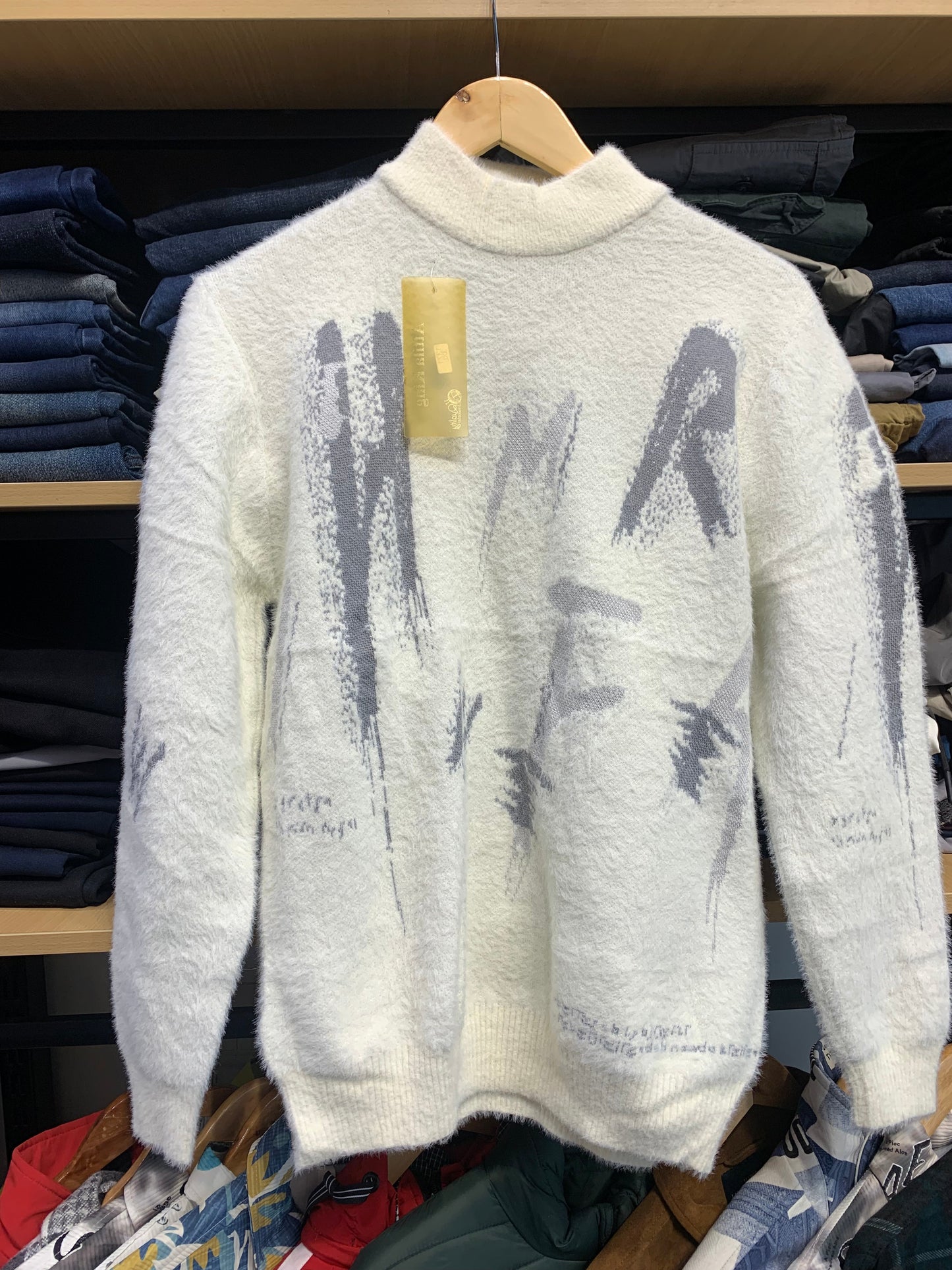 White Colour with Word front Print Speckled Pullover with Ribbed Hems Sweater 12582