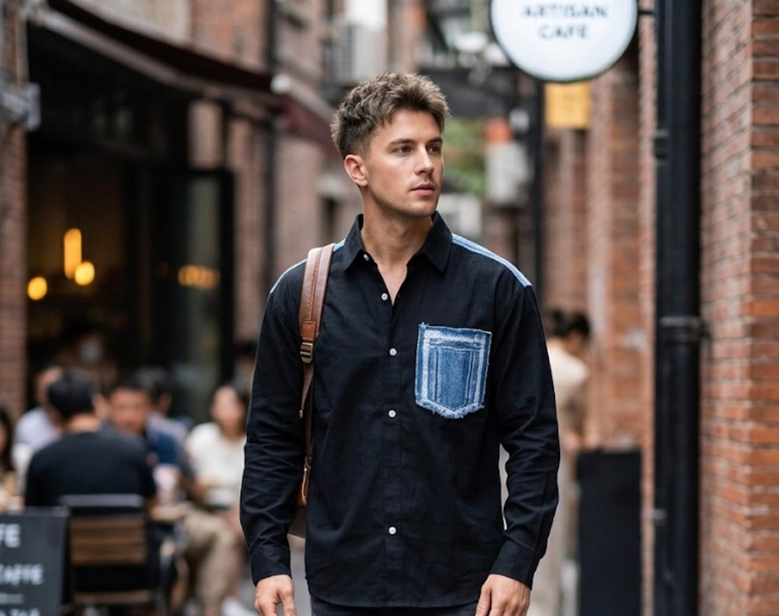 Gunot Fashion Black Colour Denim Pocket Half Sleeve Imported Men’s Shirt 017