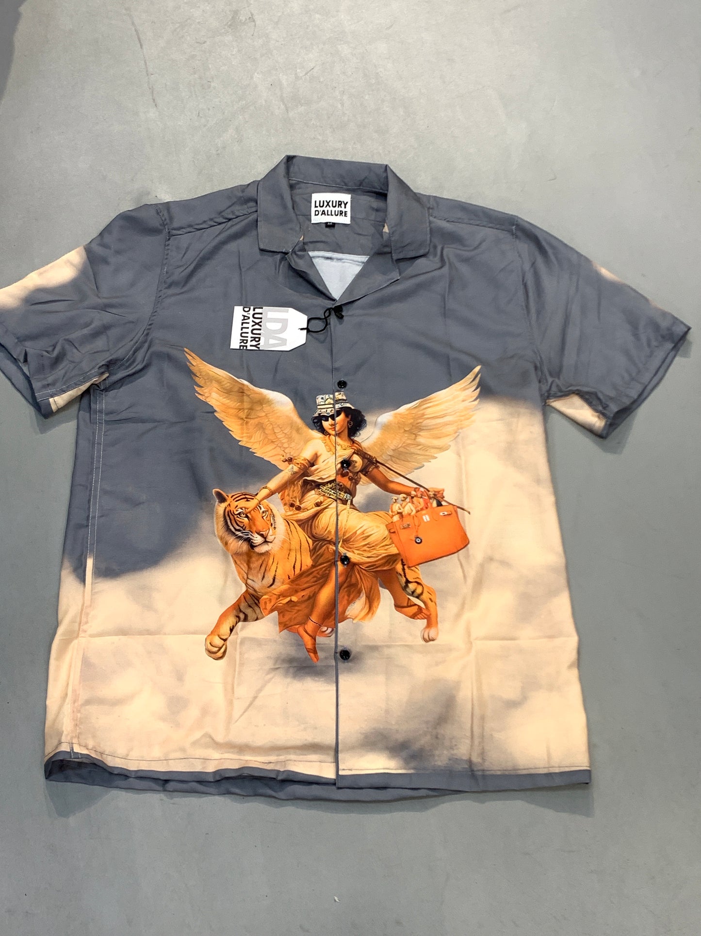 LDA Grey Cream Colour Tiger Angle Printed Half Sleeve Men’s Shirt 989637