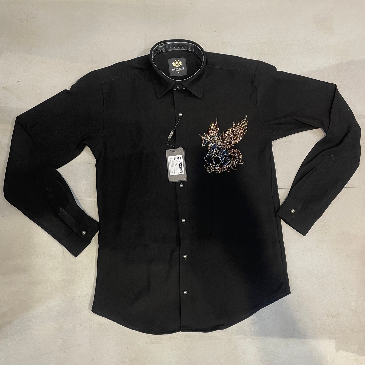 AQUARIUS Black Colour Unicorn Gold Blue Stud Design Premium Quality Full sleeve Shirt 2577