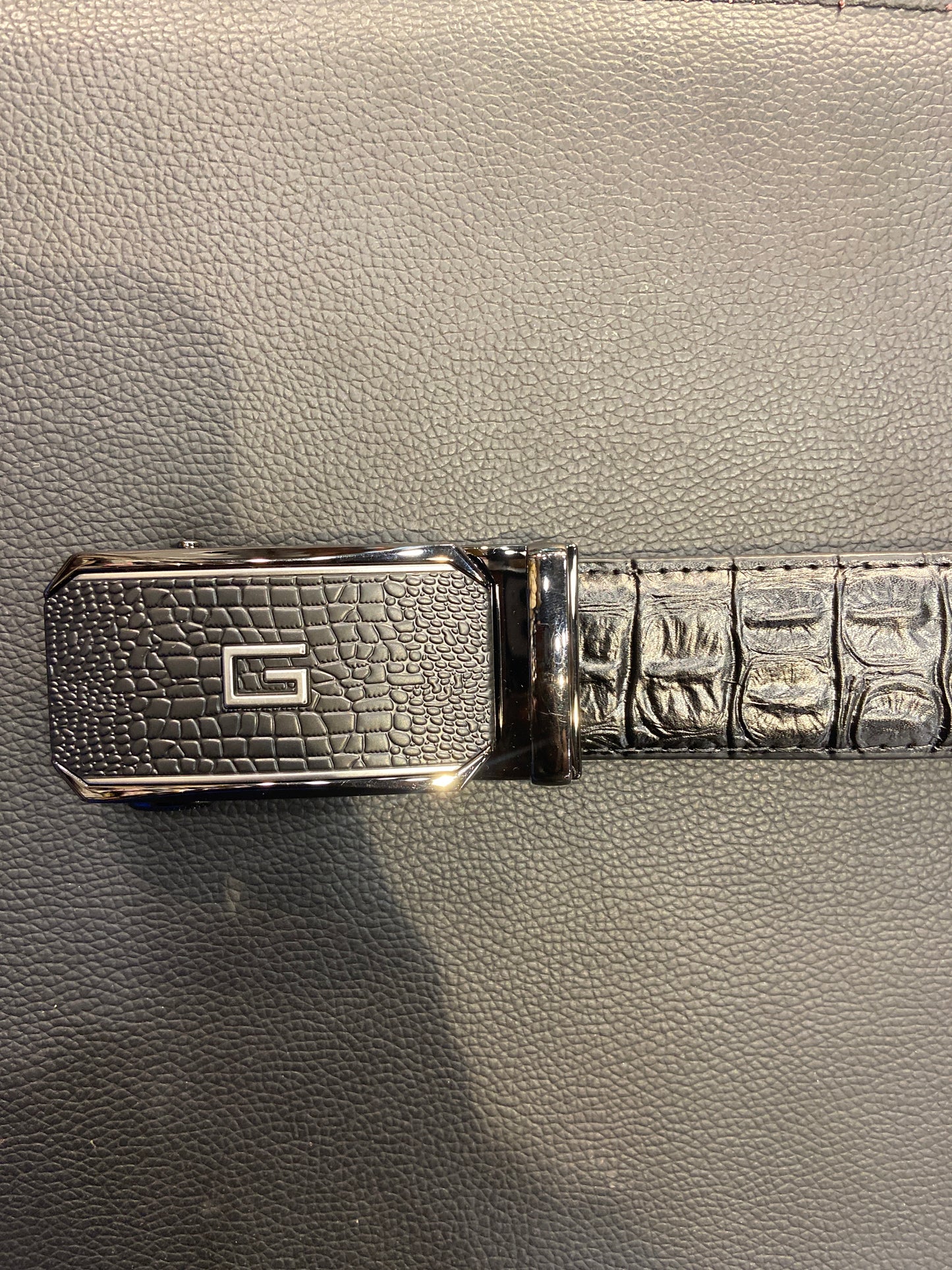 CUG GUC Black Silver Buckle Black Strap Autolock Imported Italian Leather Men’s Belts 989475