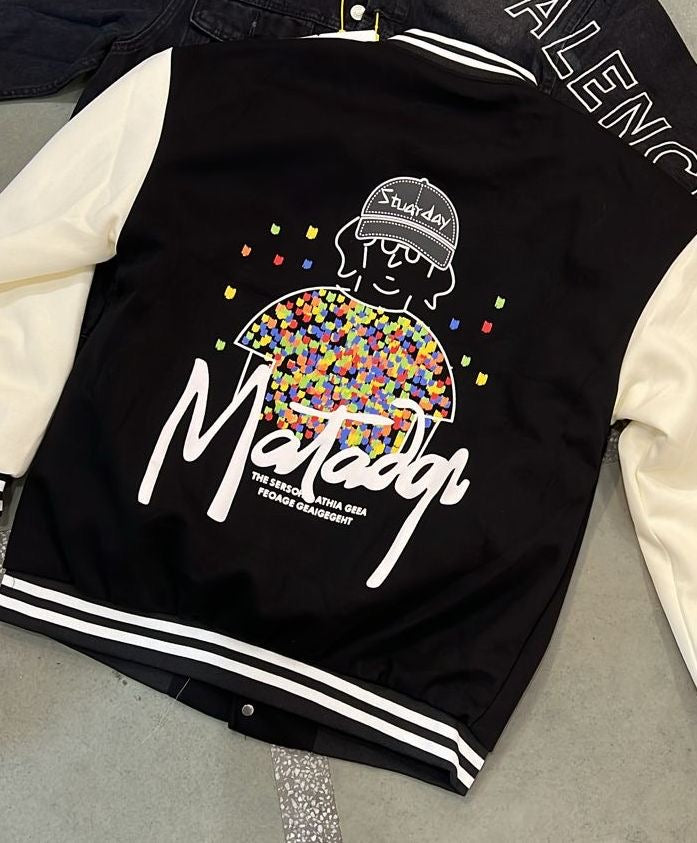 Motodyn Black Colour With Front And Back Print Varsity Jacket 6003
