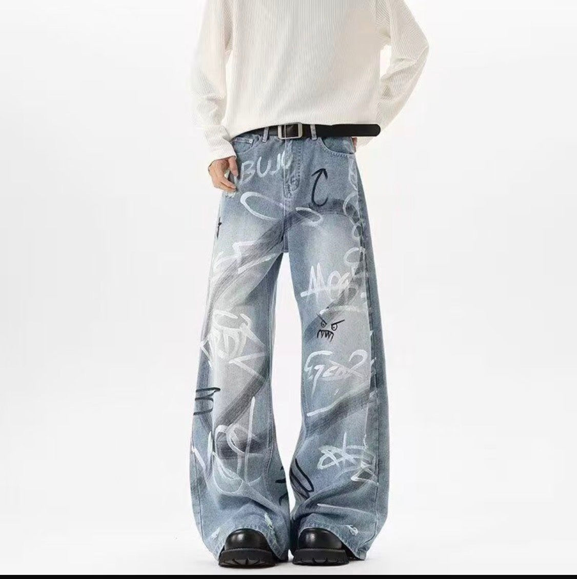 Yilufa Faded Blue Colour Panted Baggy Fit Unisex Imported Denim jeans B3173