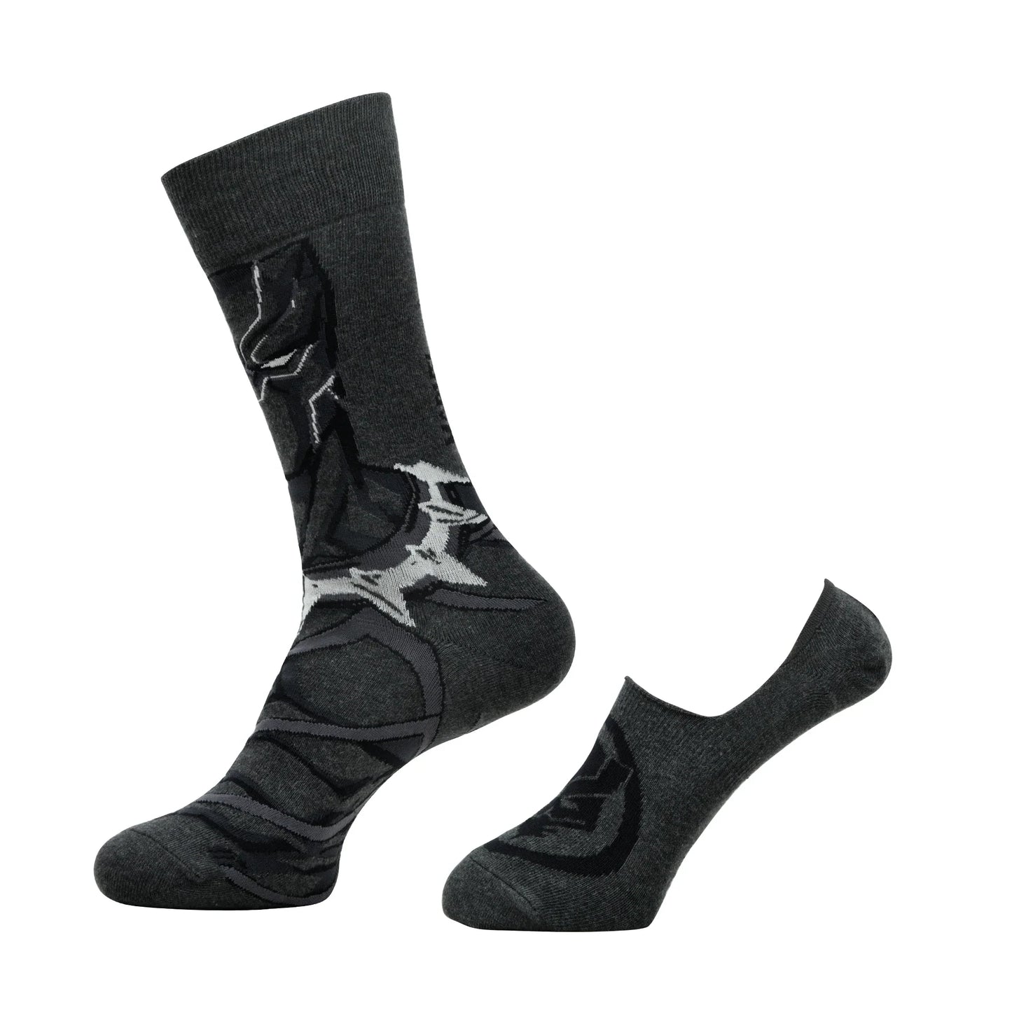 BALENZIA X MARVEL CHARACTER CREW & LOAFER/INVISIBLE SOCK FOR MEN- "THE LEGENDARY BLACK PANTHER" GIFT PACK (PACK OF 2 PAIRS/1U)(FREE SIZE) D.GREY