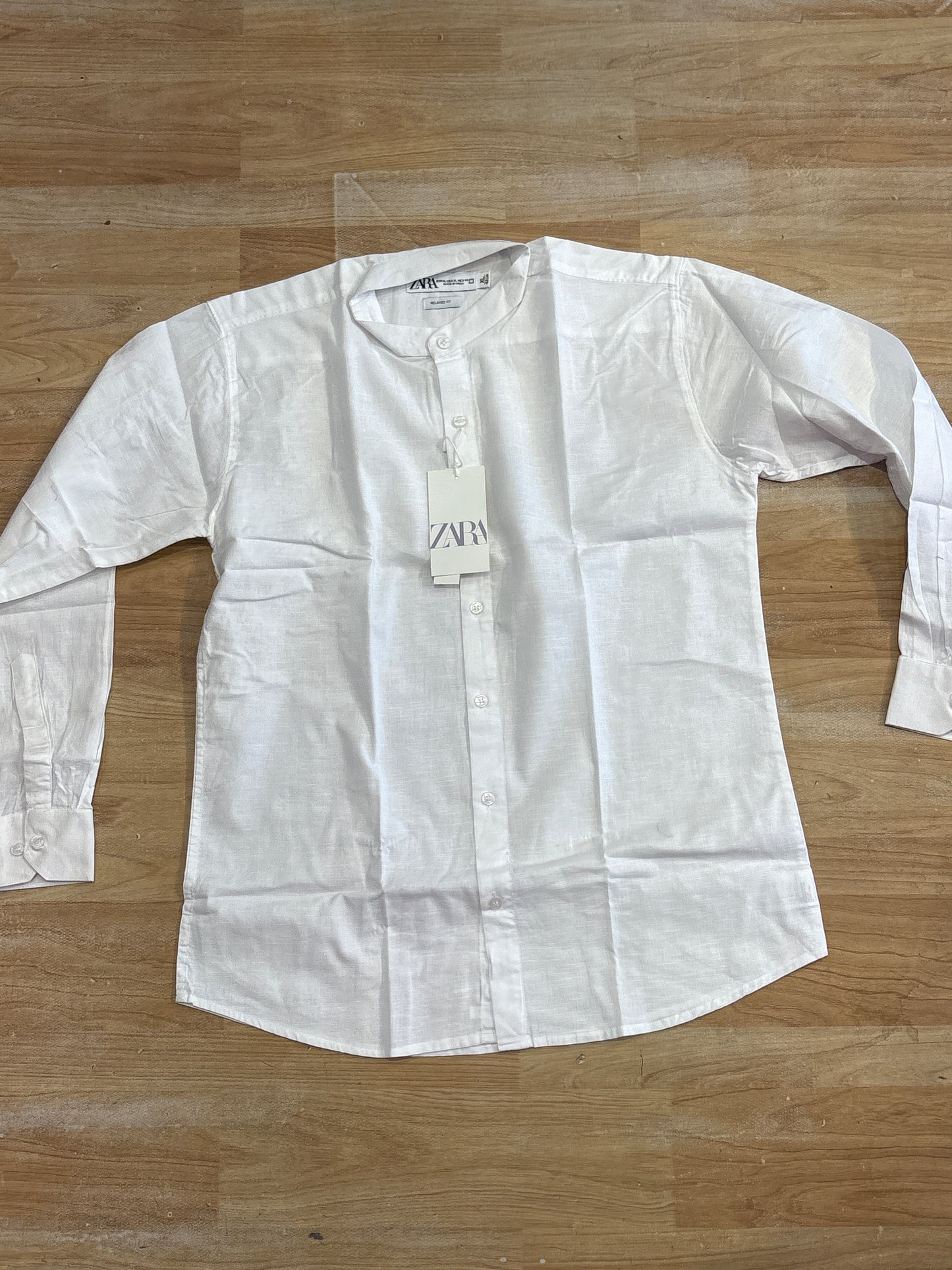 Raz Zar White Chinese Collar Full Sleeves Linen Shirt 988891