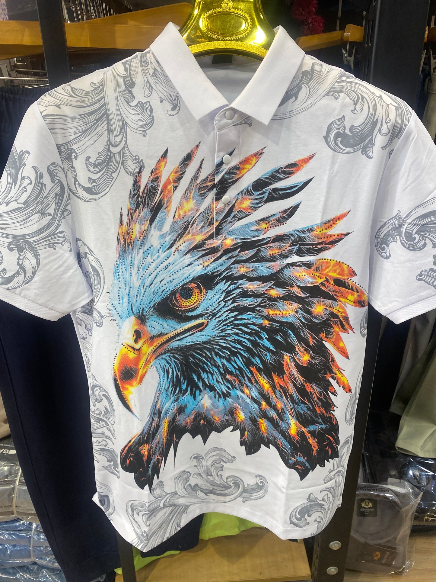 Import Tshirt White Colour Polo Neck Eagle Stone Work P-1935