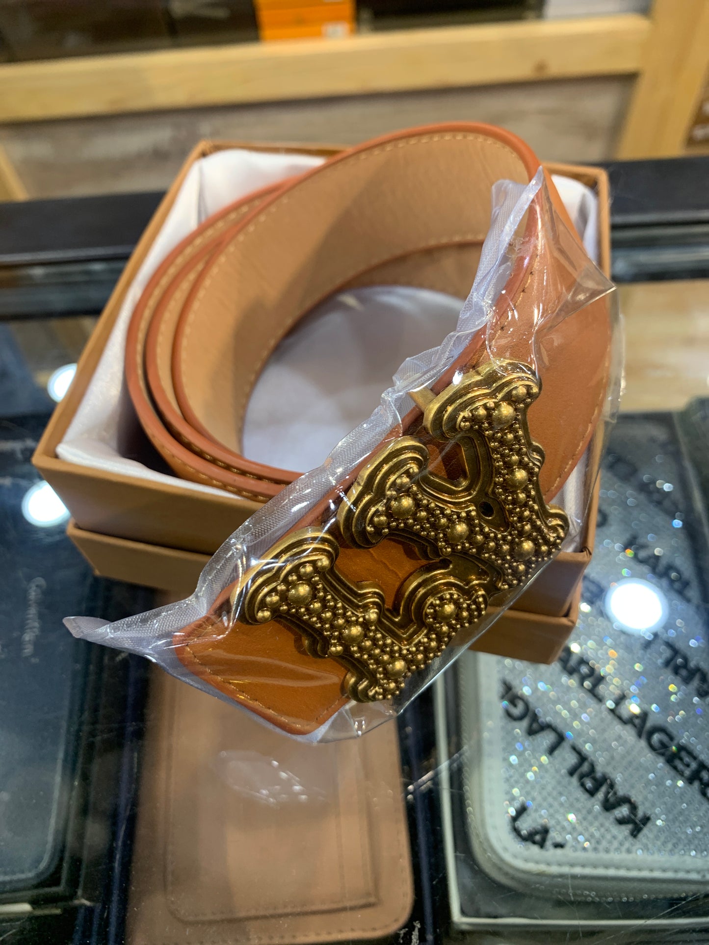 UOL Gold Buckle Tan Strap Imported Italian Leather Men’s Belts 988739