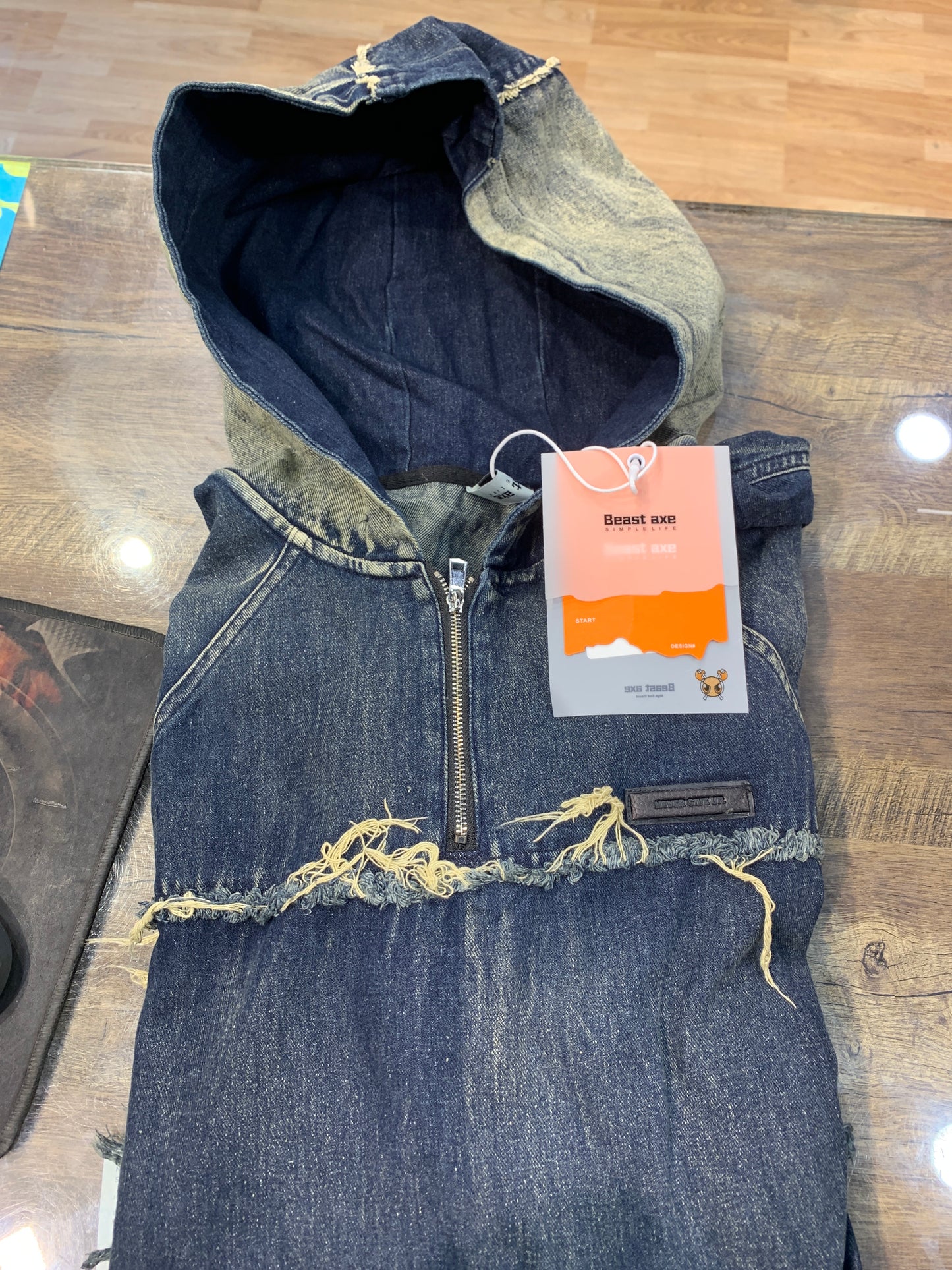 Denim Hoodie With Rugged Look Blue Colour Brown Sade 5632