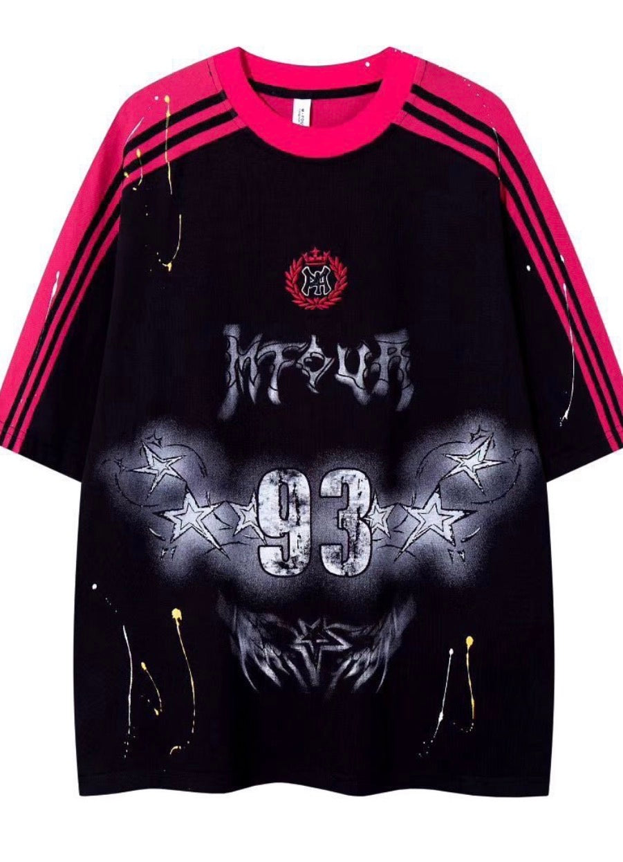 M Four Black Dark Pink 93 Acid Wash Paint Colour Print Baggy Look Round Neck Tshirt 298