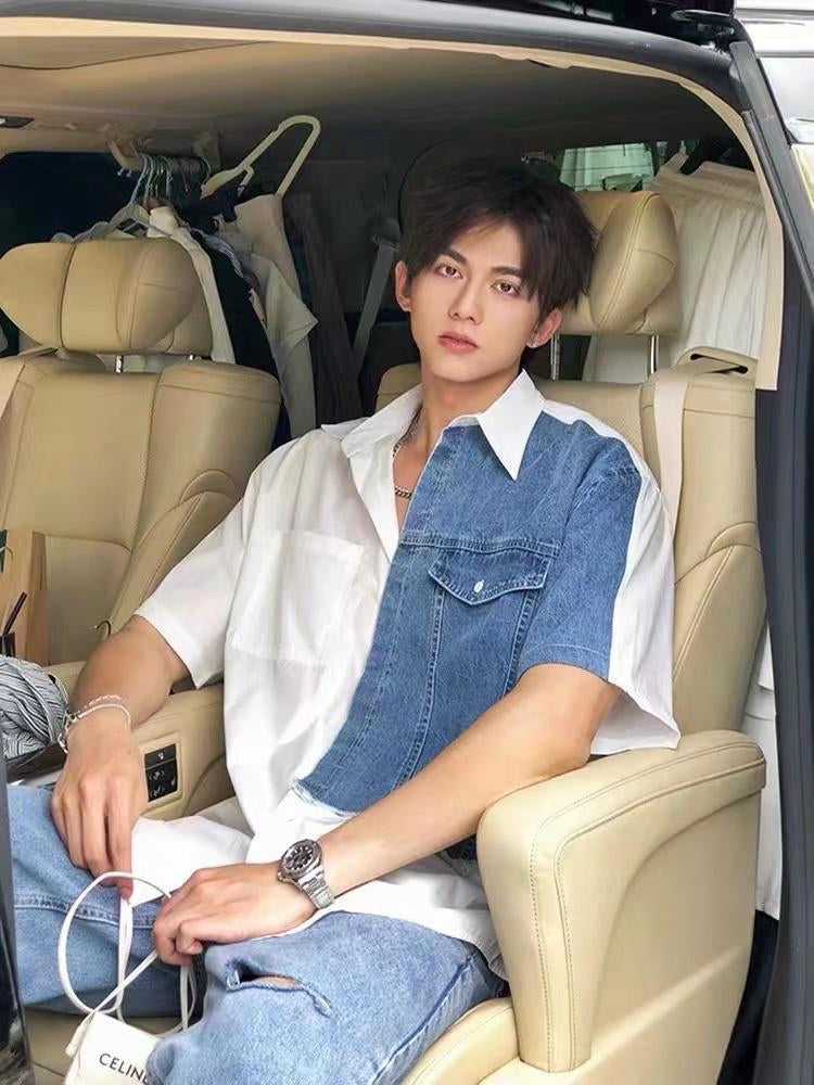 Longdaodao White Colour With Half Denim Style Half Sleeve Shirt 060