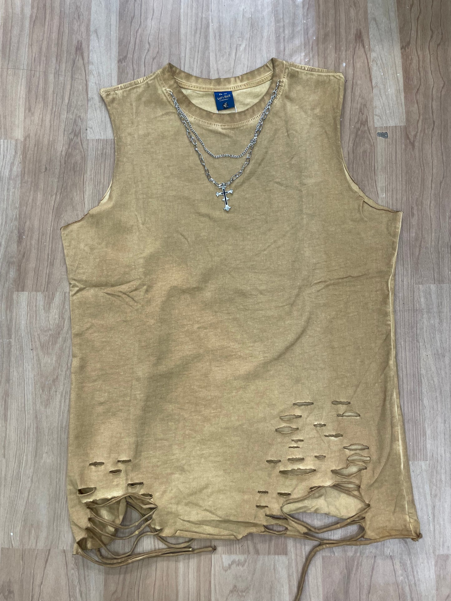 R.K Beige Faded Colour With Chain Rugged Style Imported Unisex Tank Top 9787