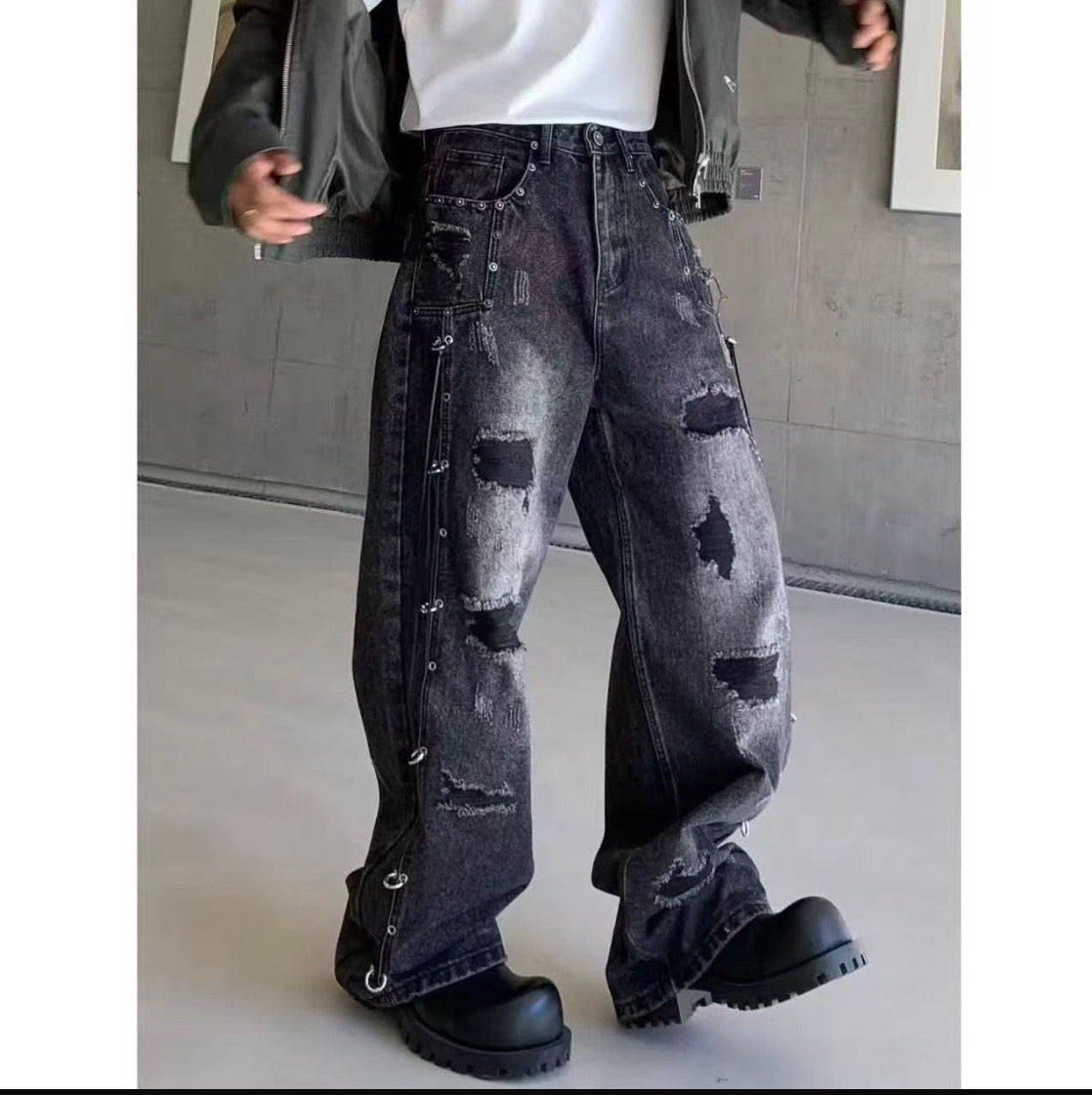 Yilufa Smokey Grey Colour Studd With Rugged Baggy Fit Unisex Imported Denim jeans 8927