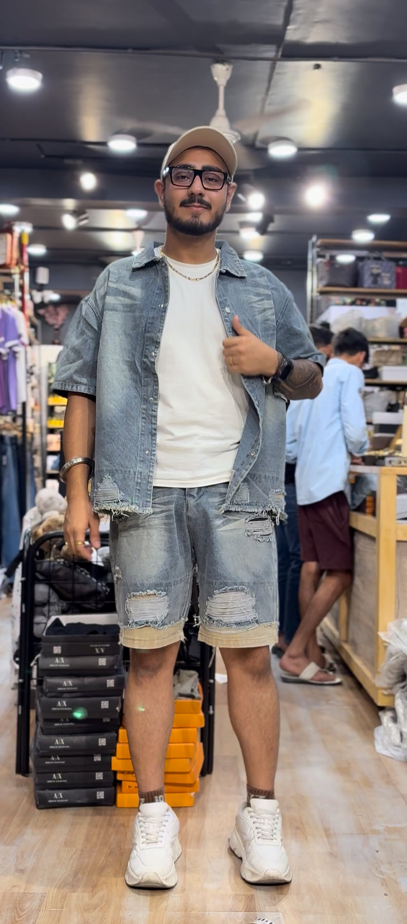 Blue Grey Rugged Half Sleeve Shirt With Shorts Denim Coord Set 7723