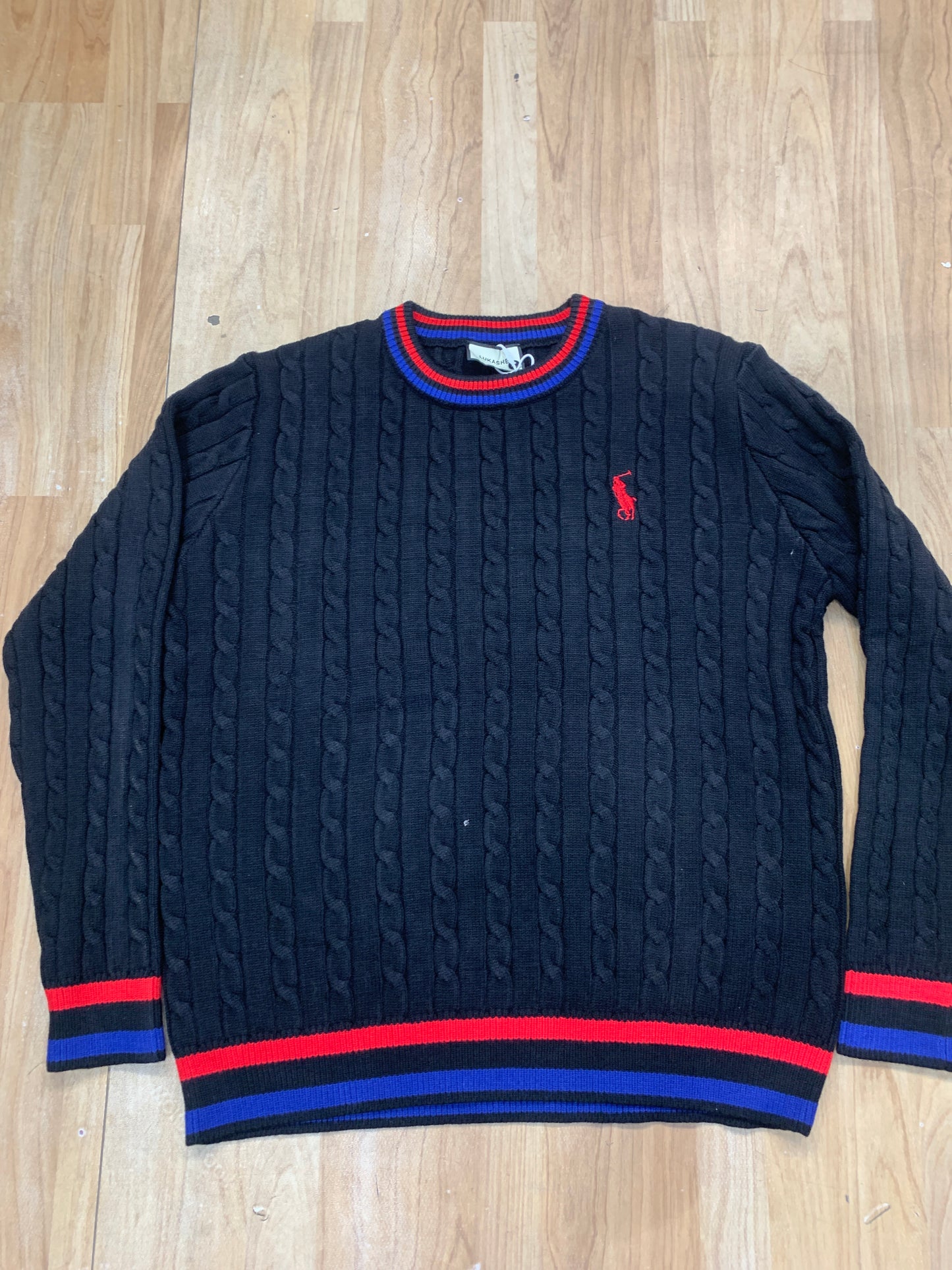 lop Sweater Black Colour Collar Sleeves Red&Blue H90911