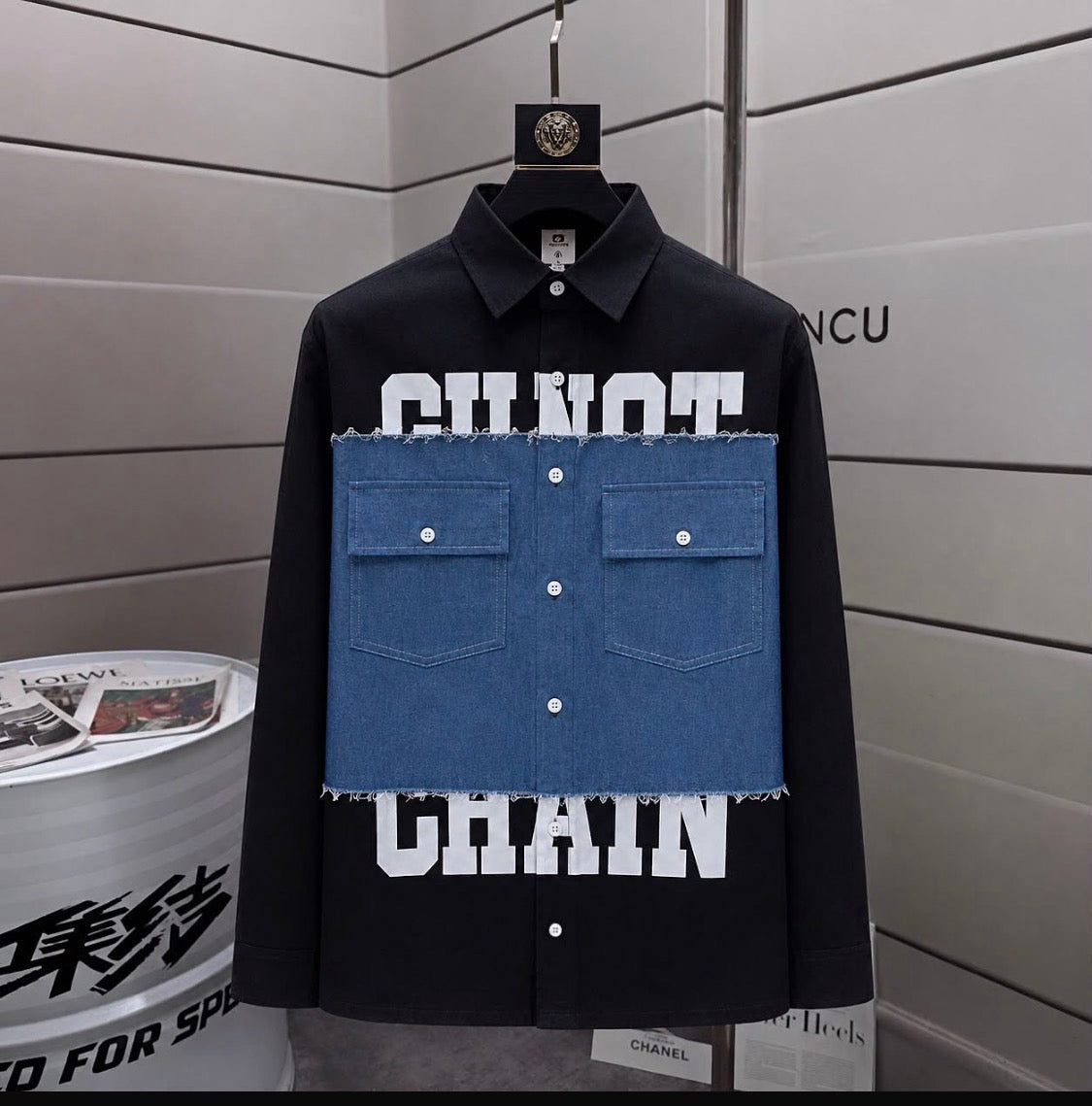 Gunot Fashion Black Colour Blue Denim White Print Front Pocket Full Sleeve Imported Men’s Shirt 2010